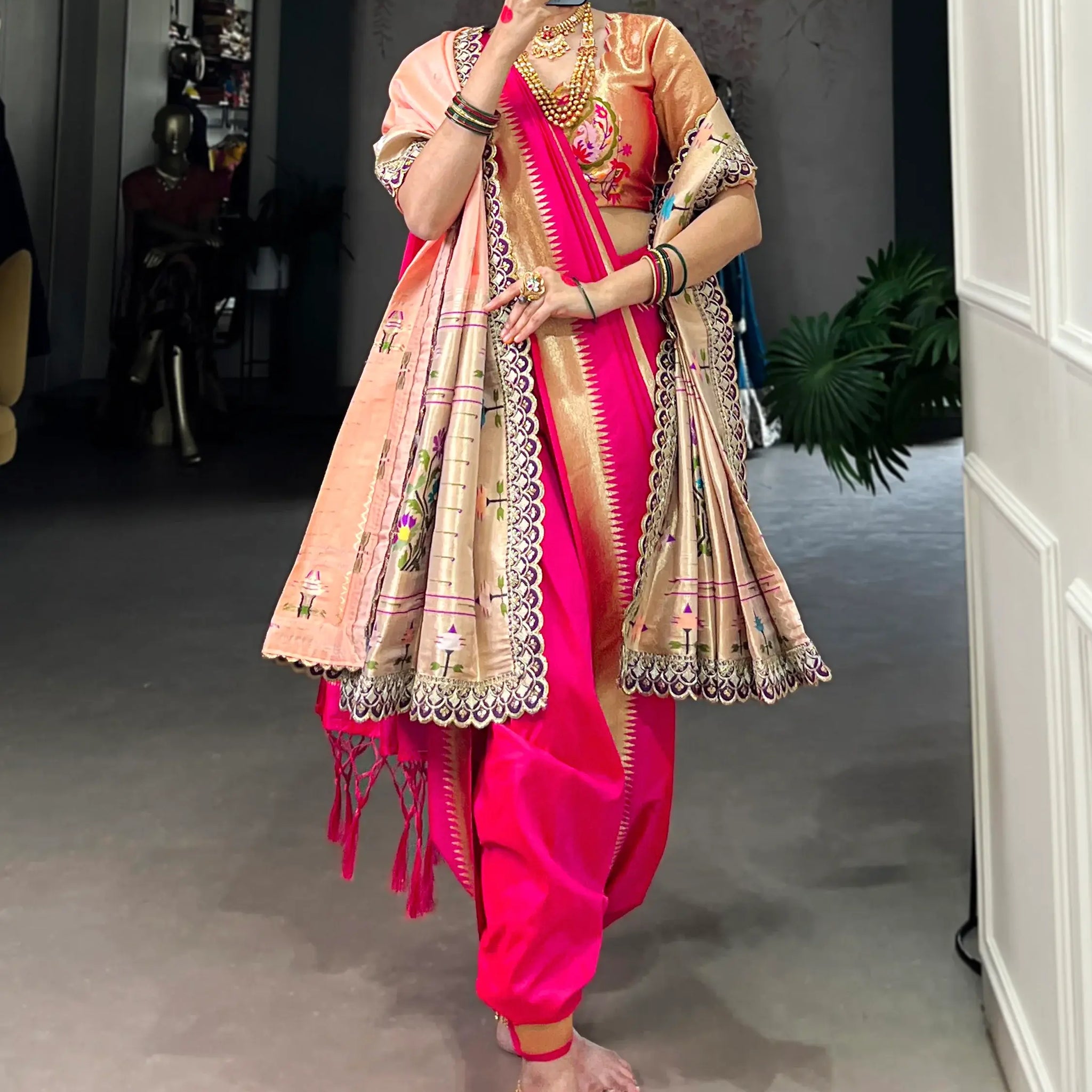 Bewitching Pink Zari Weaving Nauvari Wedding Wear Saree With Dupatta - Zeel Clothing