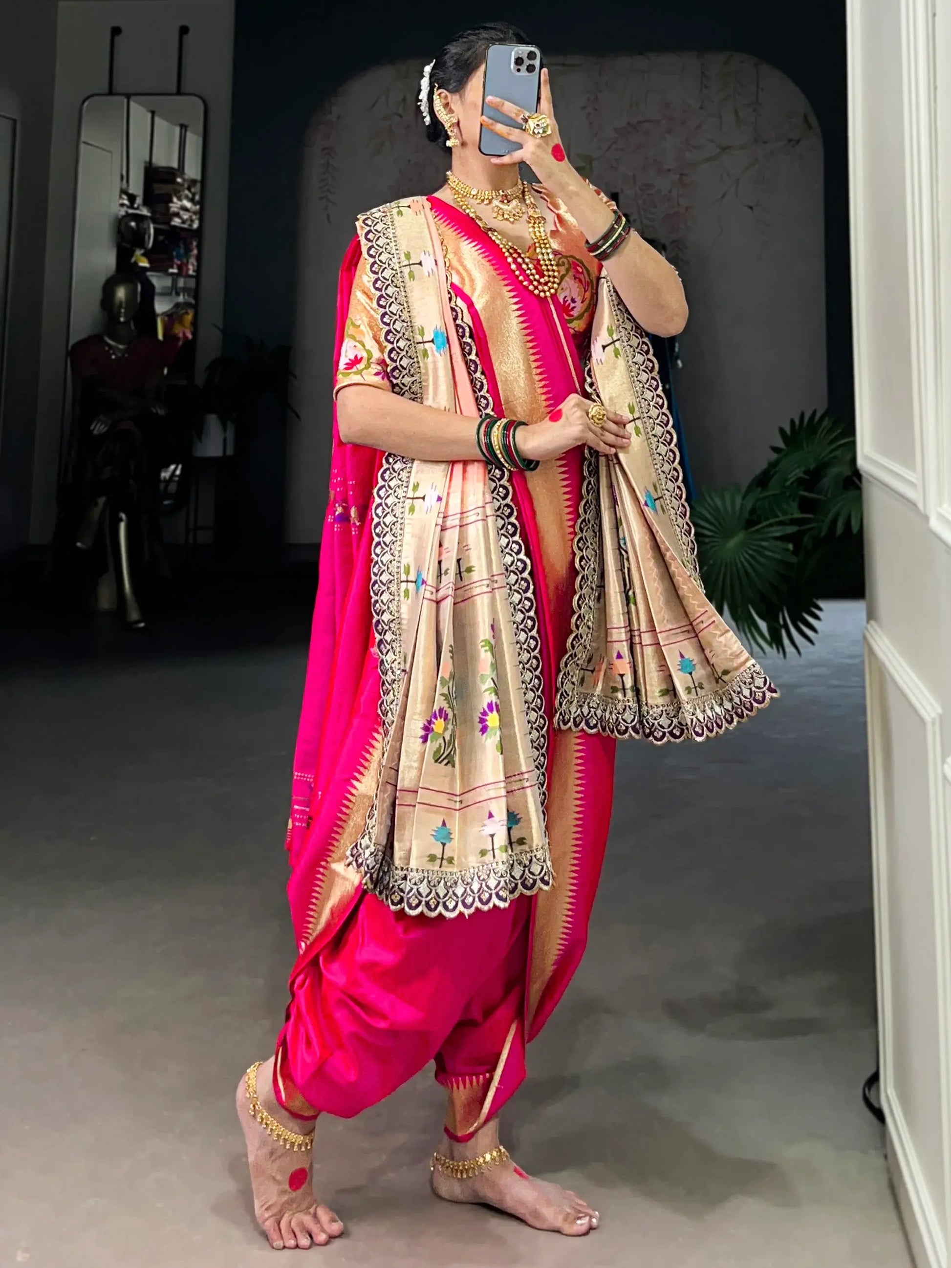 Bewitching Pink Zari Weaving Nauvari Wedding Wear Saree With Dupatta - Zeel Clothing