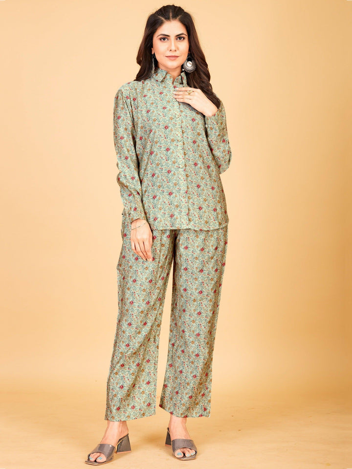 Bewitching Pista Green Digital Printed Satin Top Pant Co-Ord Set