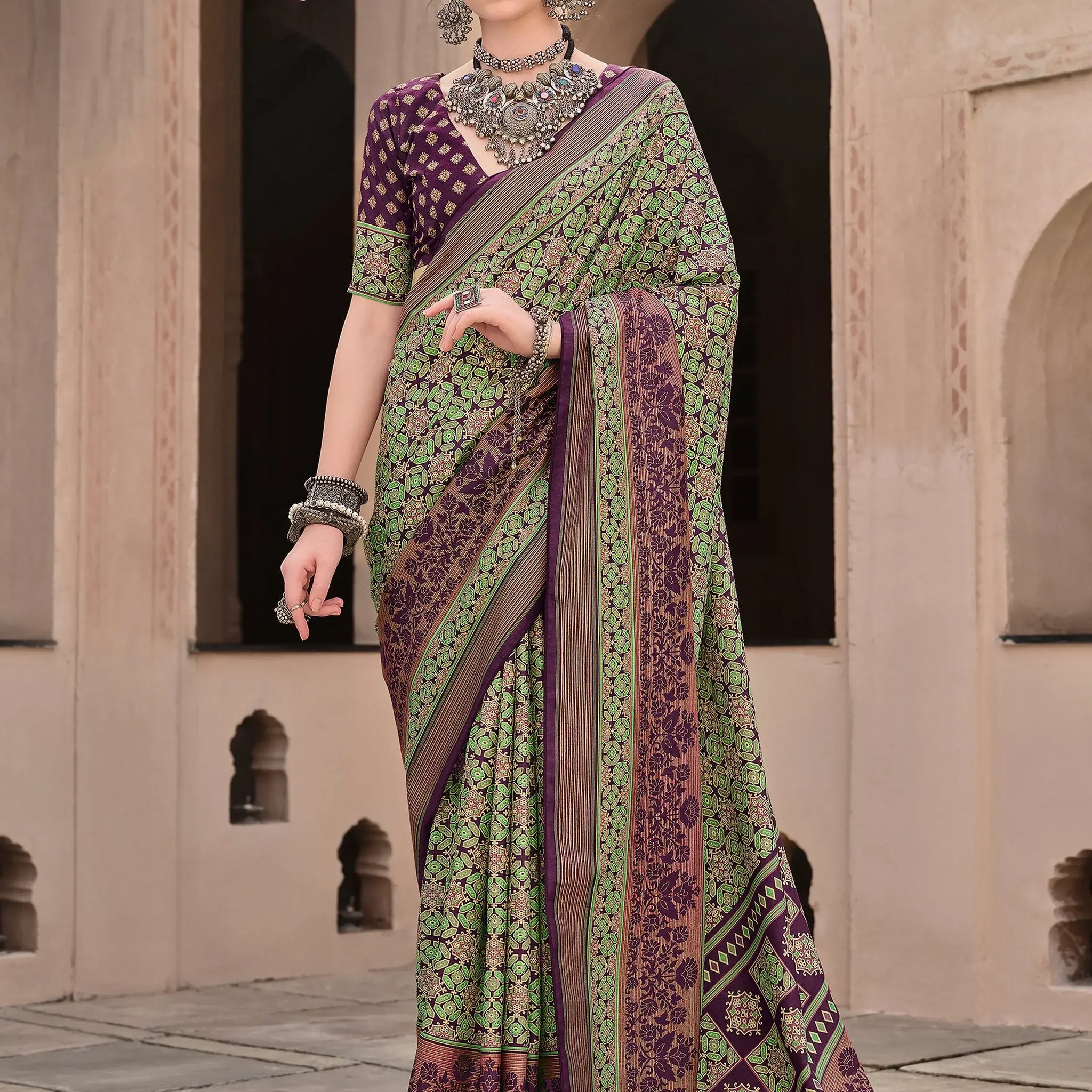 Bewitching Purple Digital Printed Silk Festival Wear Saree With Blouse - Zeel Clothing