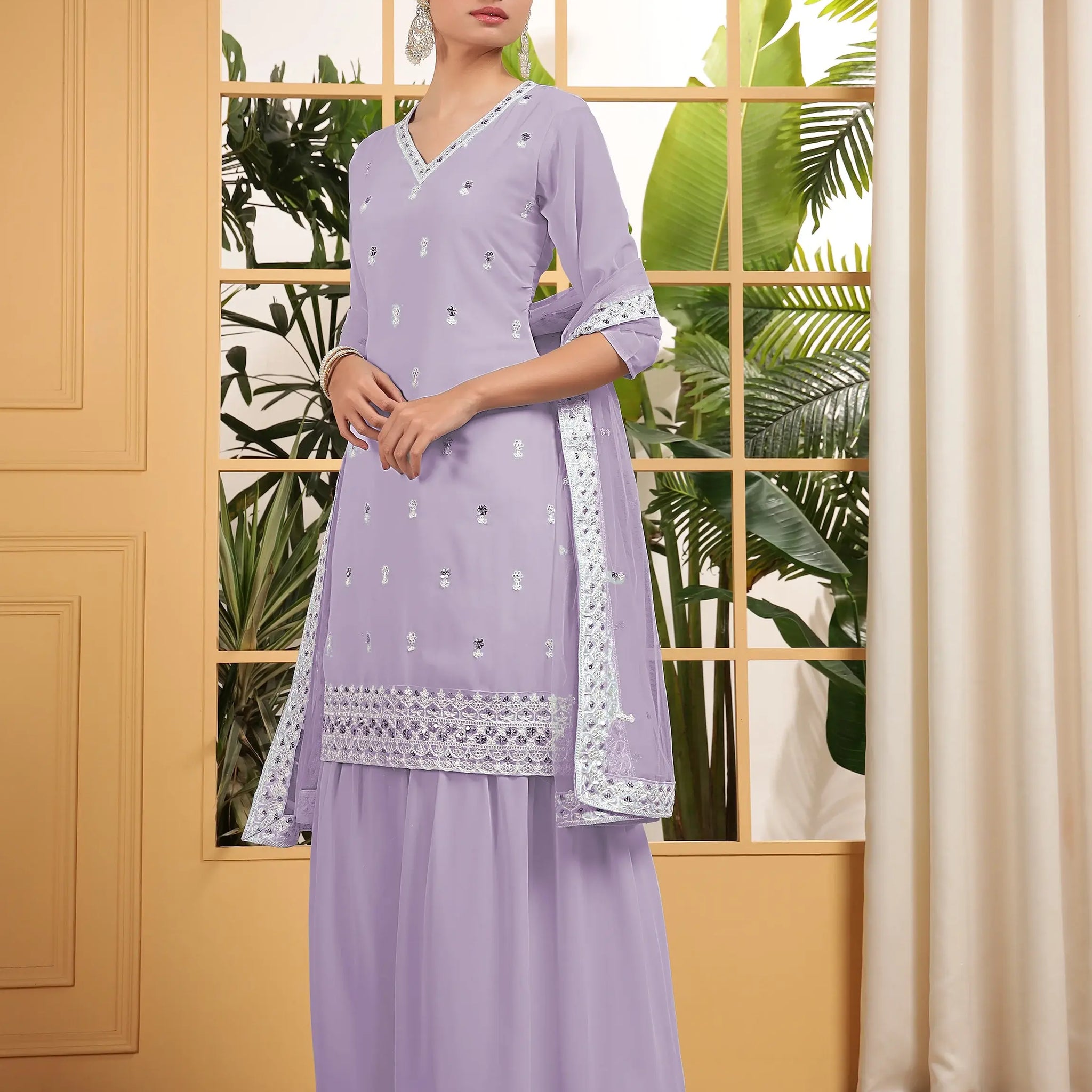 Bewitching Purple Sequins Georgette Event Wear Sharara Suit With Dupatta - Zeel Clothing