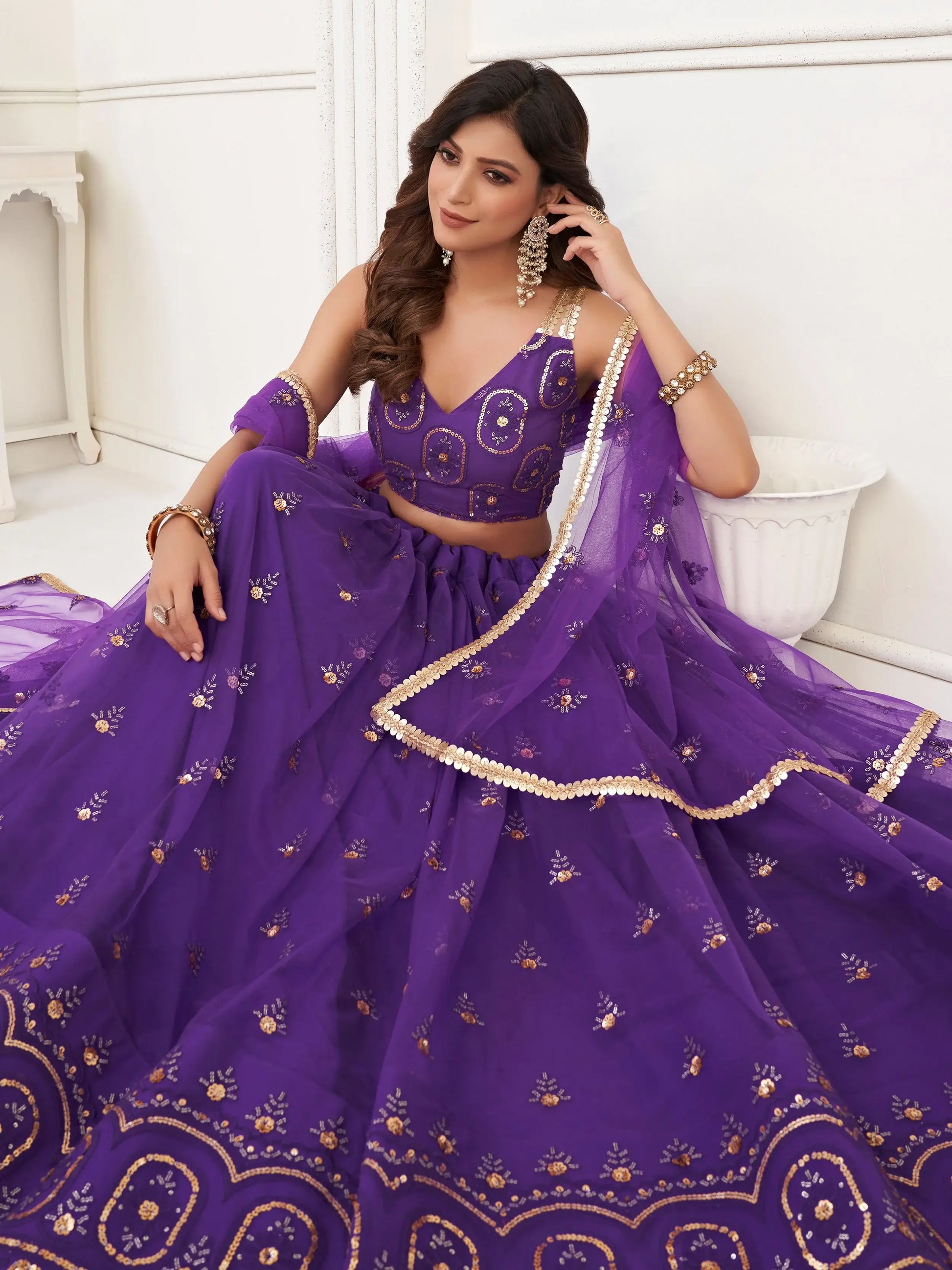 Bewitching Purple Sequins Net Sangeet Wear Lehenga Choli - Zeel Clothing