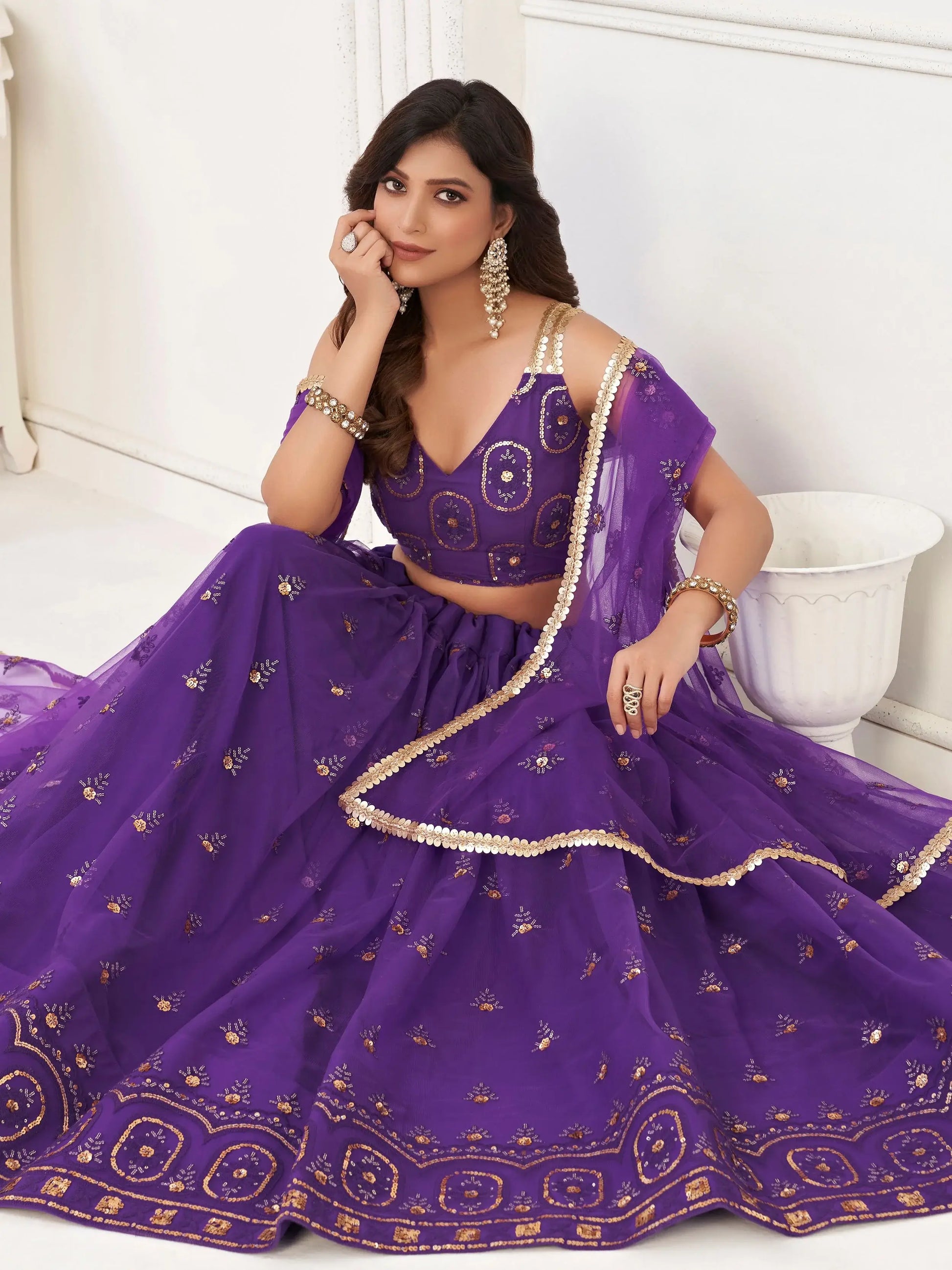 Bewitching Purple Sequins Net Sangeet Wear Lehenga Choli - Zeel Clothing