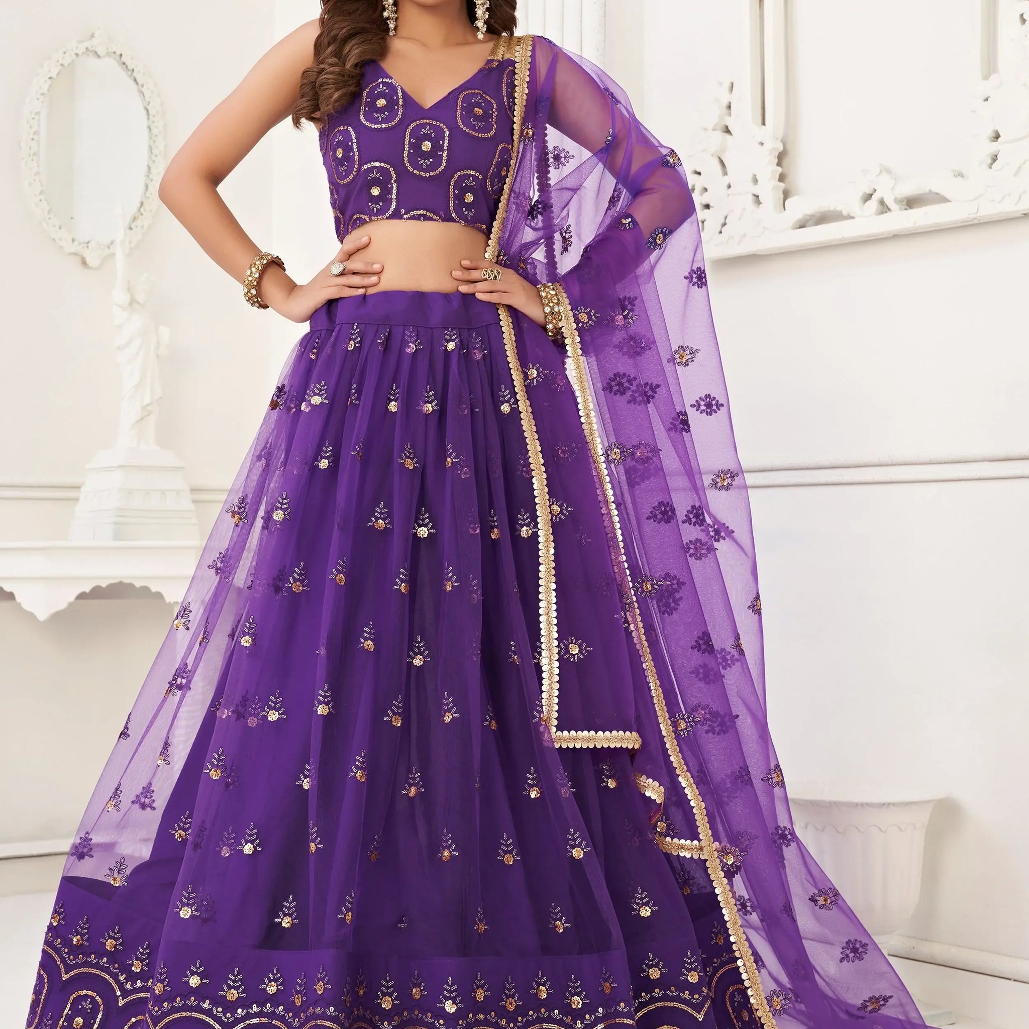 Bewitching Purple Sequins Net Sangeet Wear Lehenga Choli - Zeel Clothing