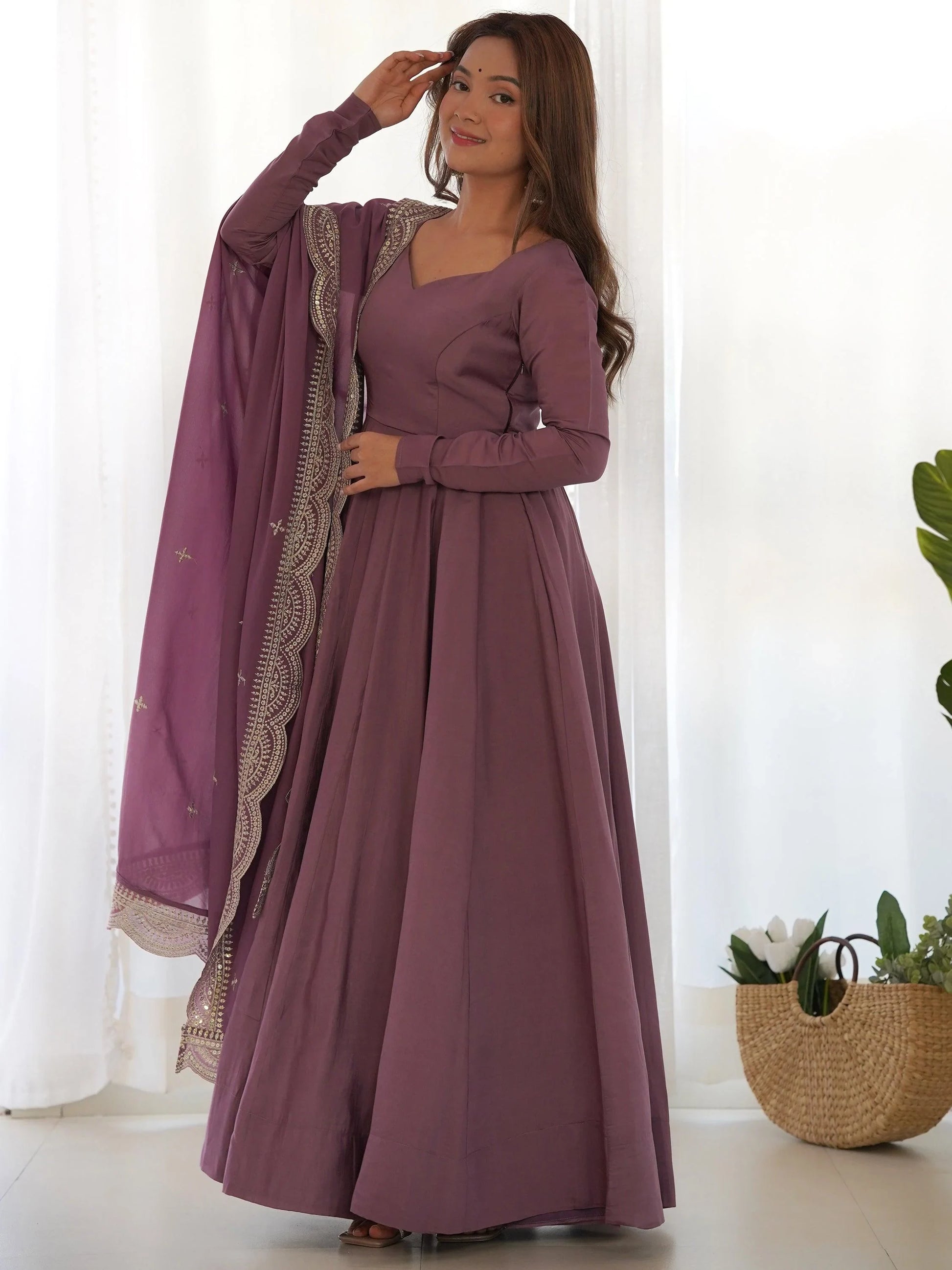 Bewitching Purple Silk Festival Wear Anarkali Gown With Dupatta