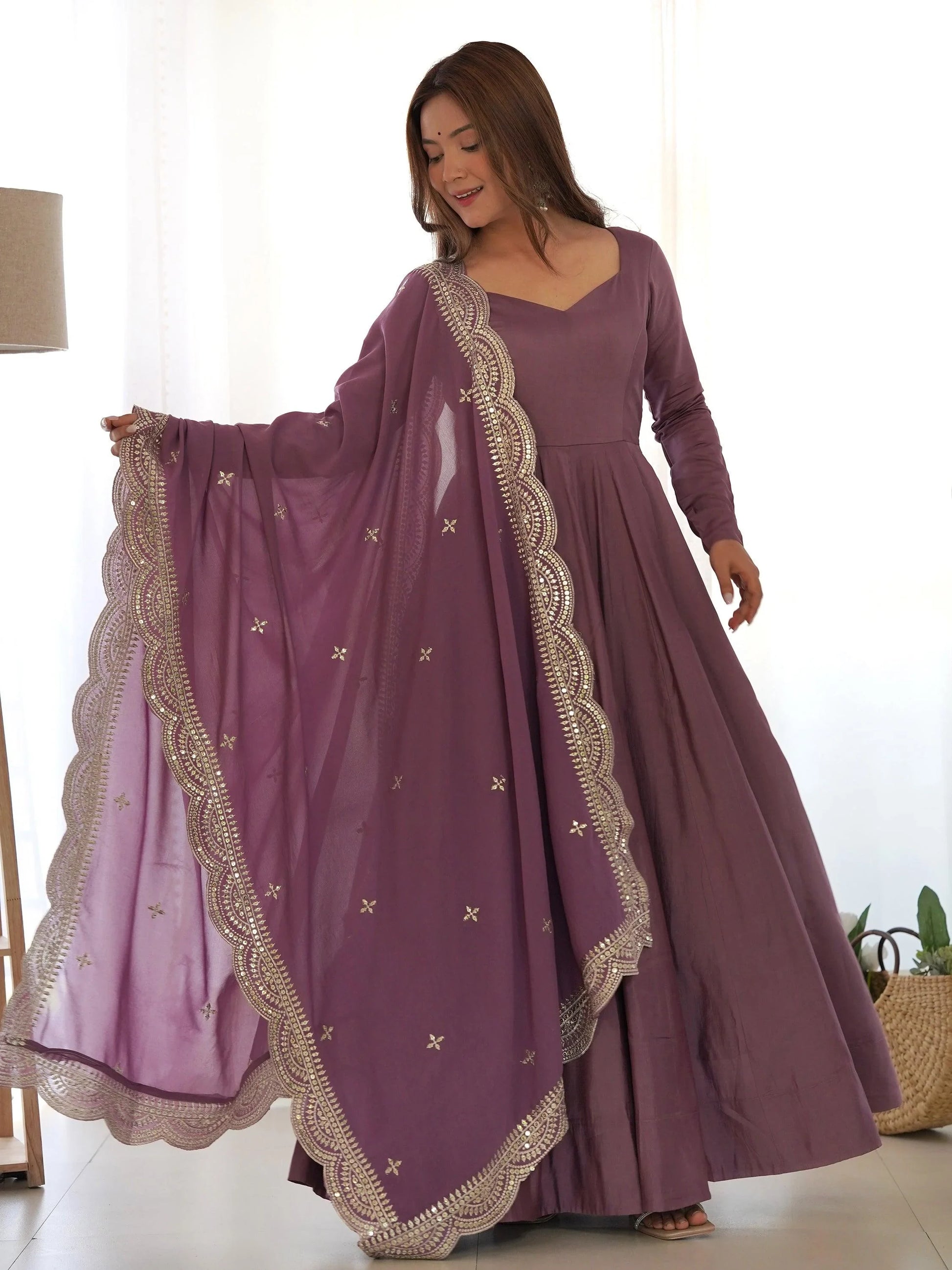 Bewitching Purple Silk Festival Wear Anarkali Gown With Dupatta