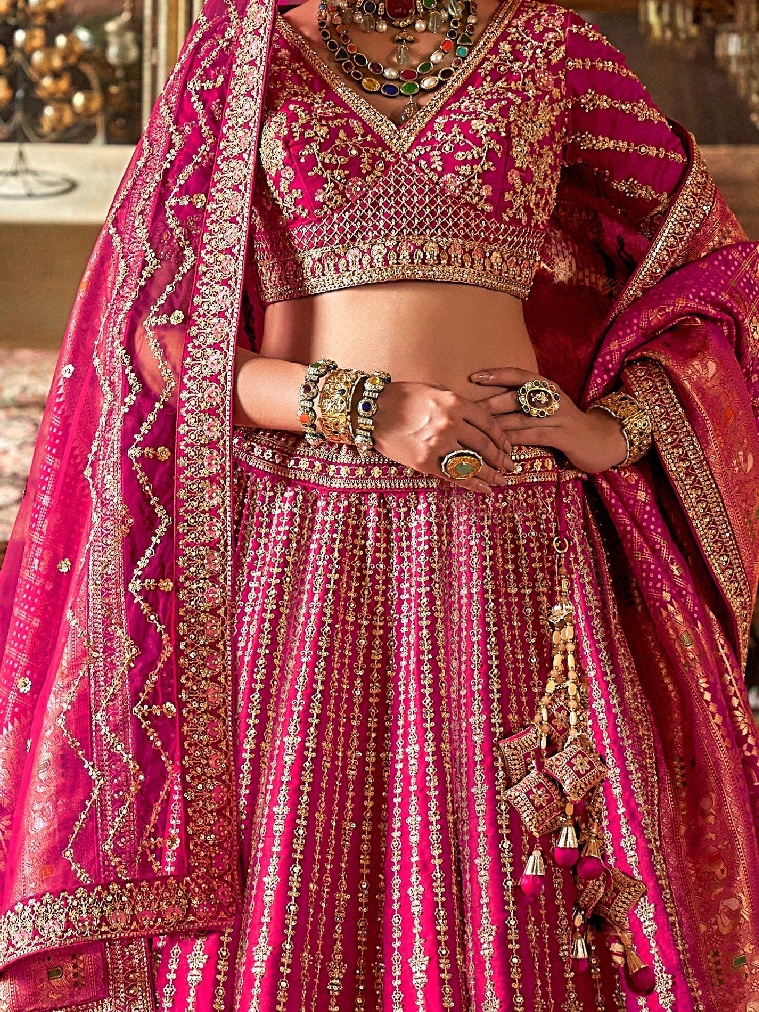 Bewitching Rani Pink Embroidered Silk Bridal Lehenga Choli With Double Dupatta