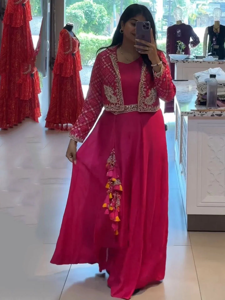 Bewitching Rani Pink Sequins Georgette Event Wear Gown With Koti - Zeel Clothing