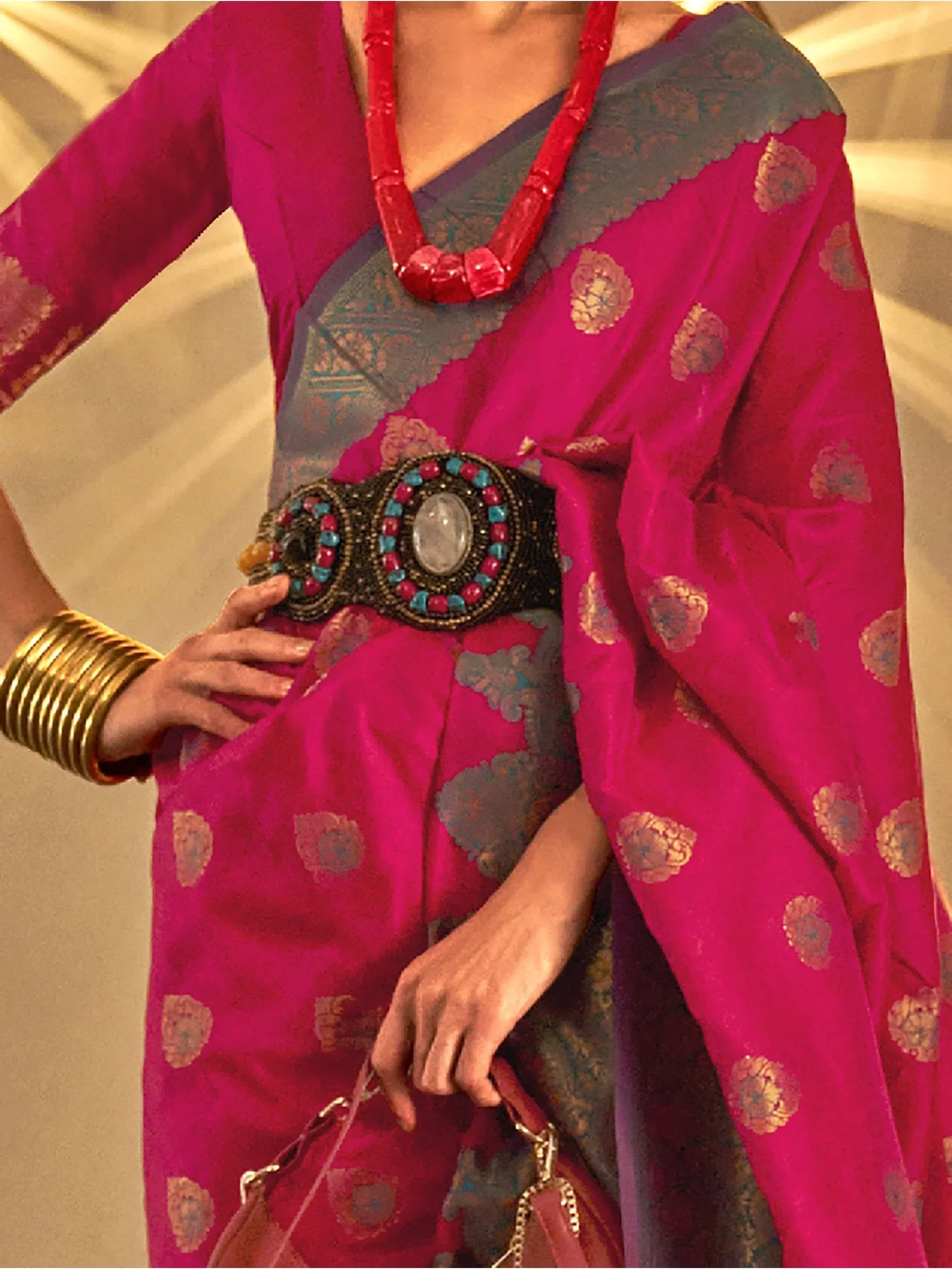 Bewitching Rani Pink Woven Silk Festival Wear Saree With Blouse - Zeel Clothing