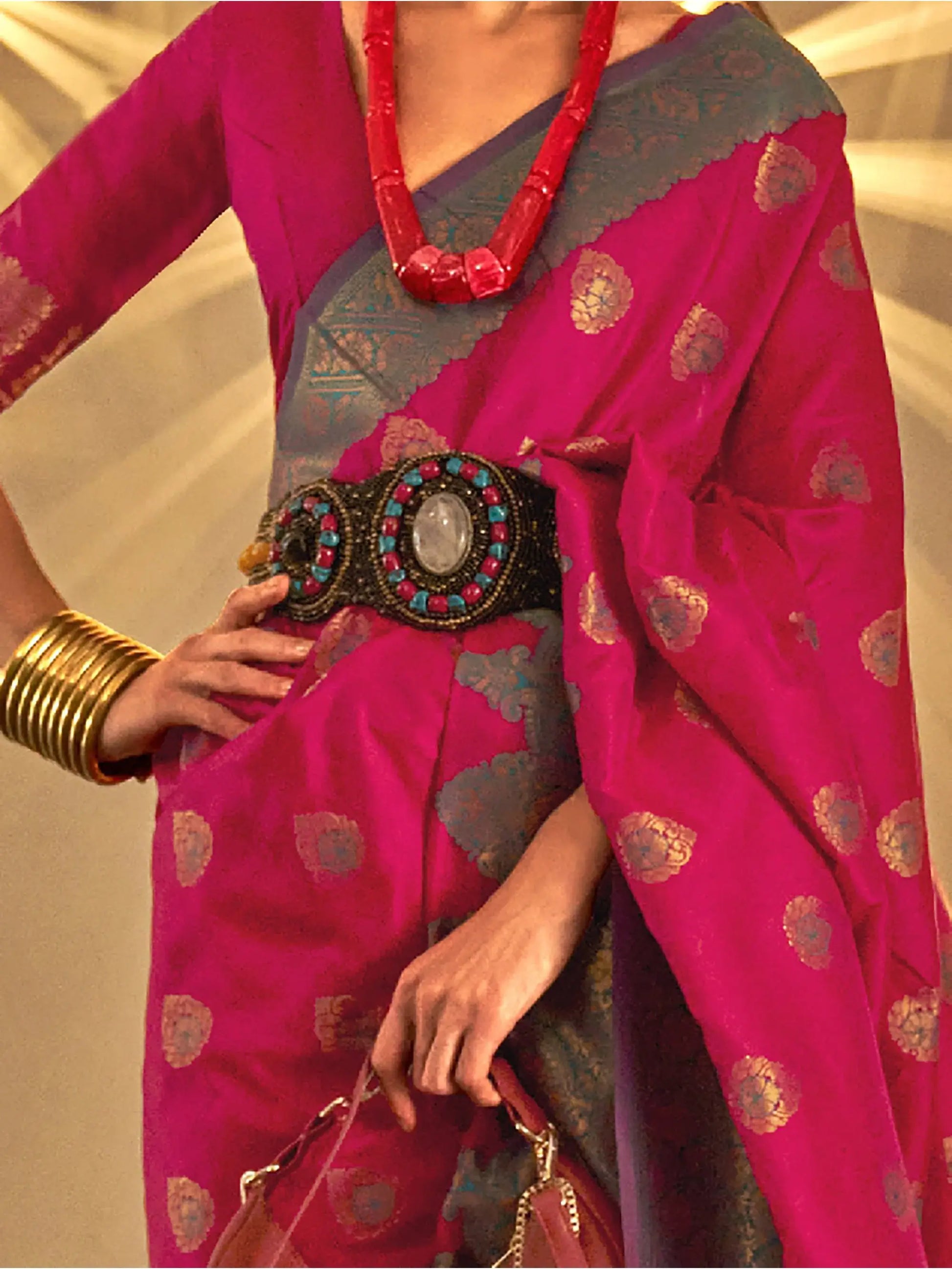 Bewitching Rani Pink Woven Silk Festival Wear Saree With Blouse - Zeel Clothing