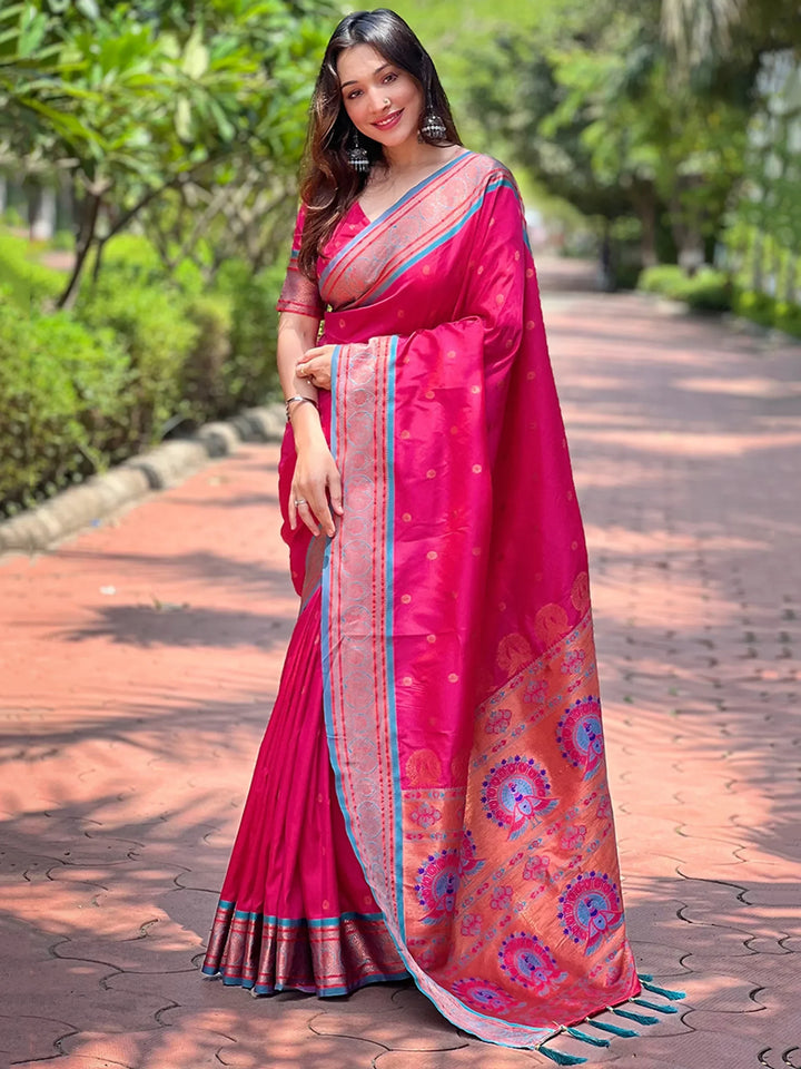 Bewitching Rani Pink Zari Weaving Paithani Silk Saree With Blouse - Zeel Clothing