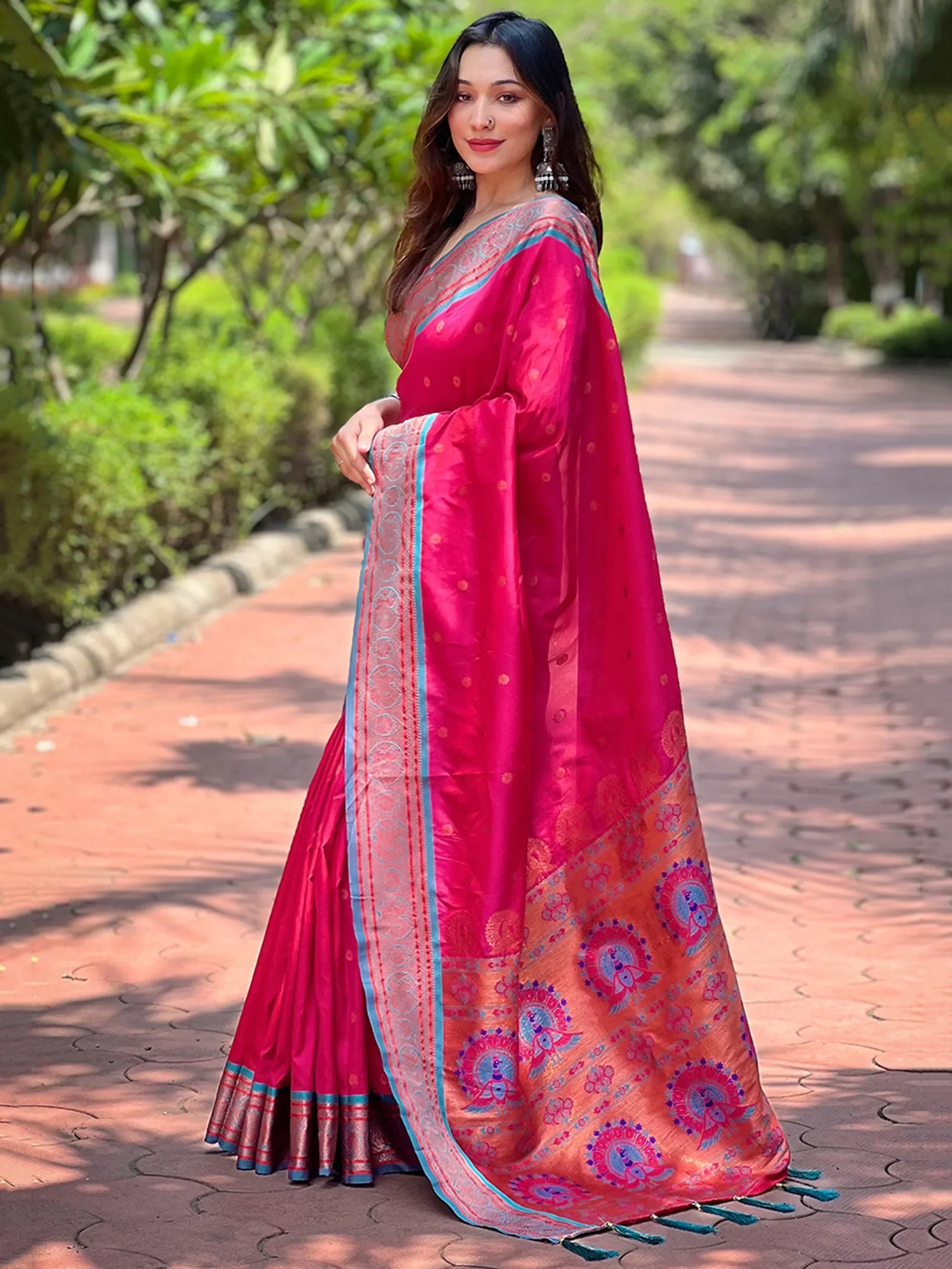 Bewitching Rani Pink Zari Weaving Paithani Silk Saree With Blouse - Zeel Clothing