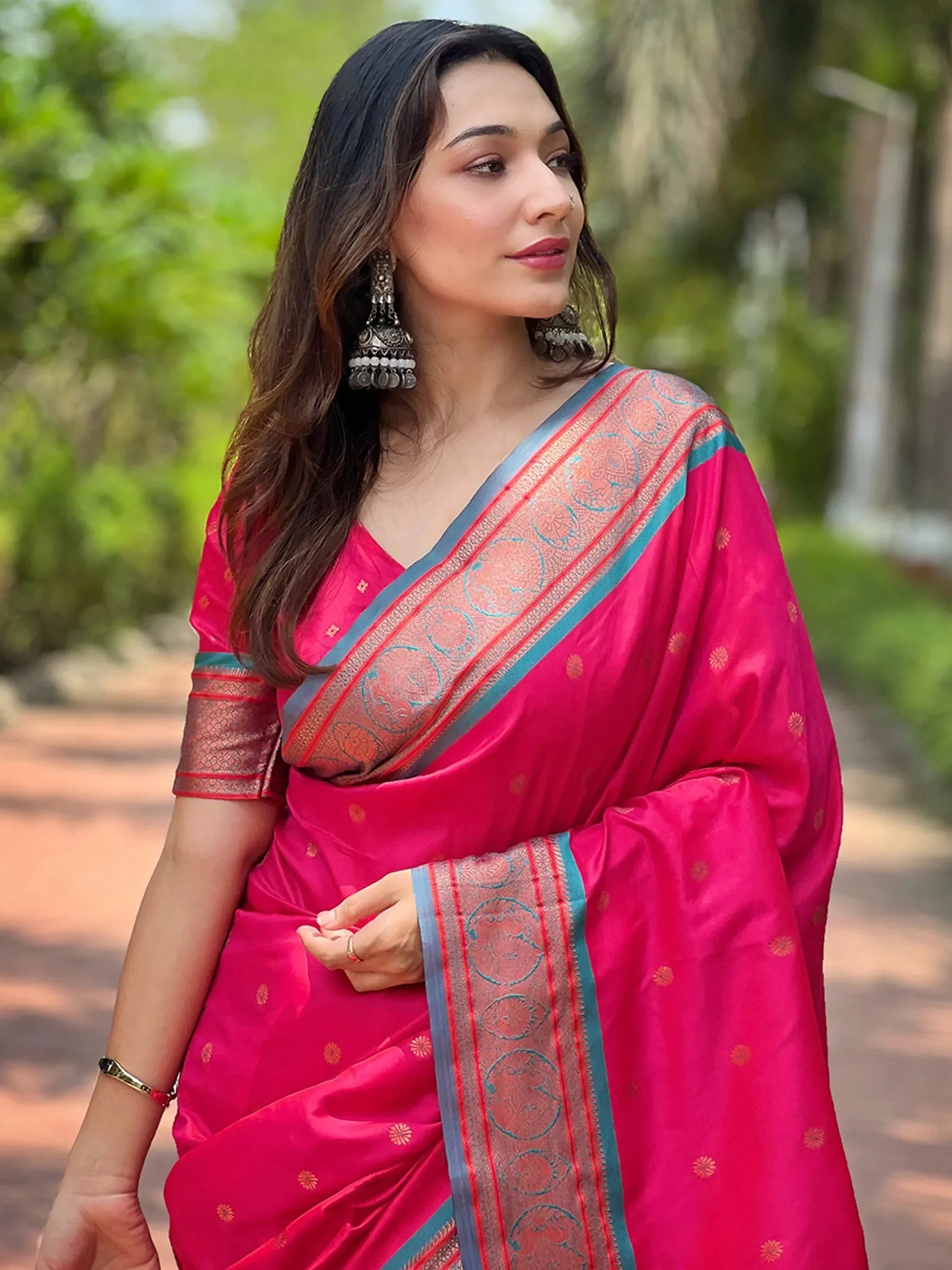 Bewitching Rani Pink Zari Weaving Paithani Silk Saree With Blouse - Zeel Clothing