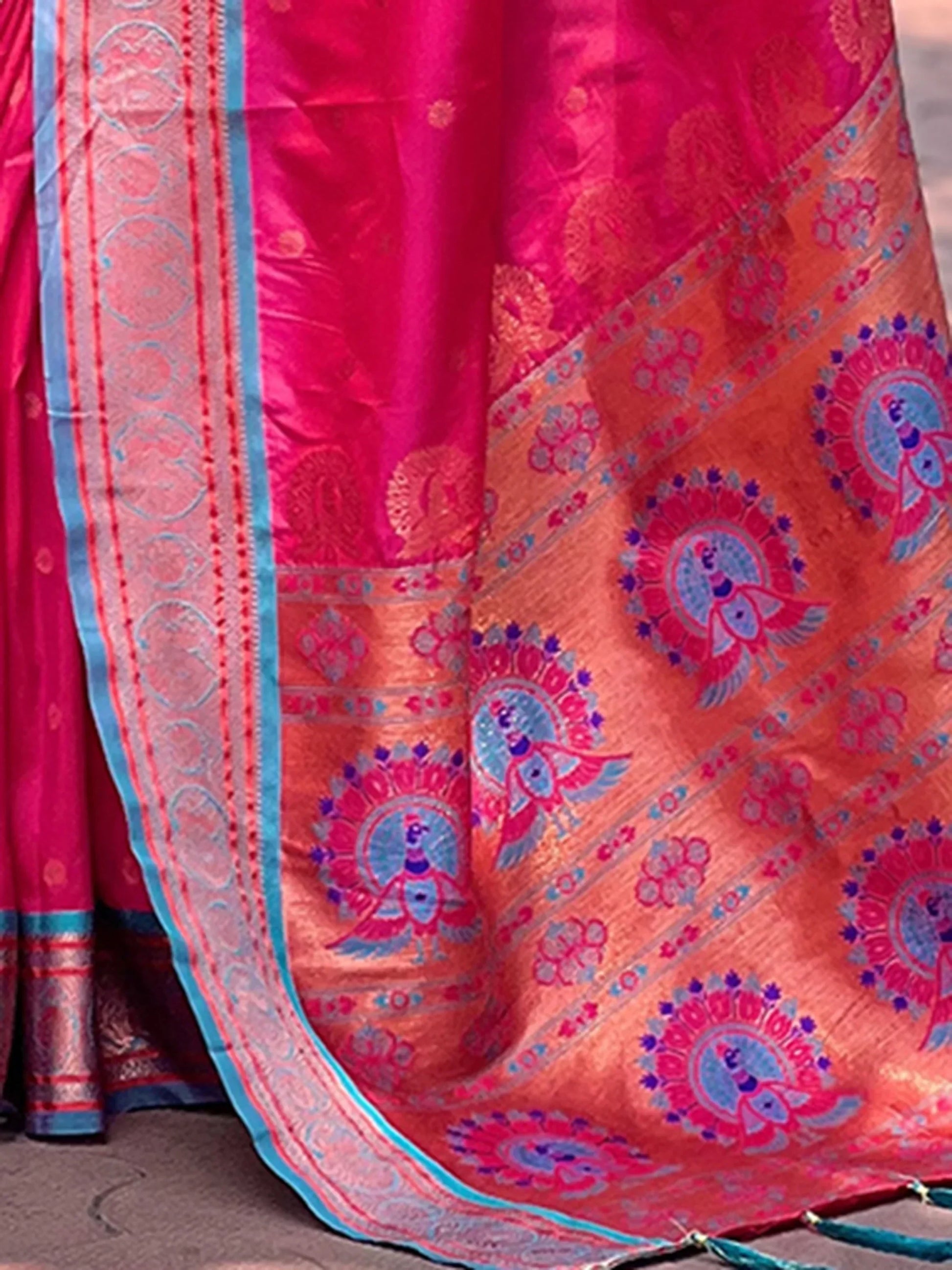 Bewitching Rani Pink Zari Weaving Paithani Silk Saree With Blouse - Zeel Clothing