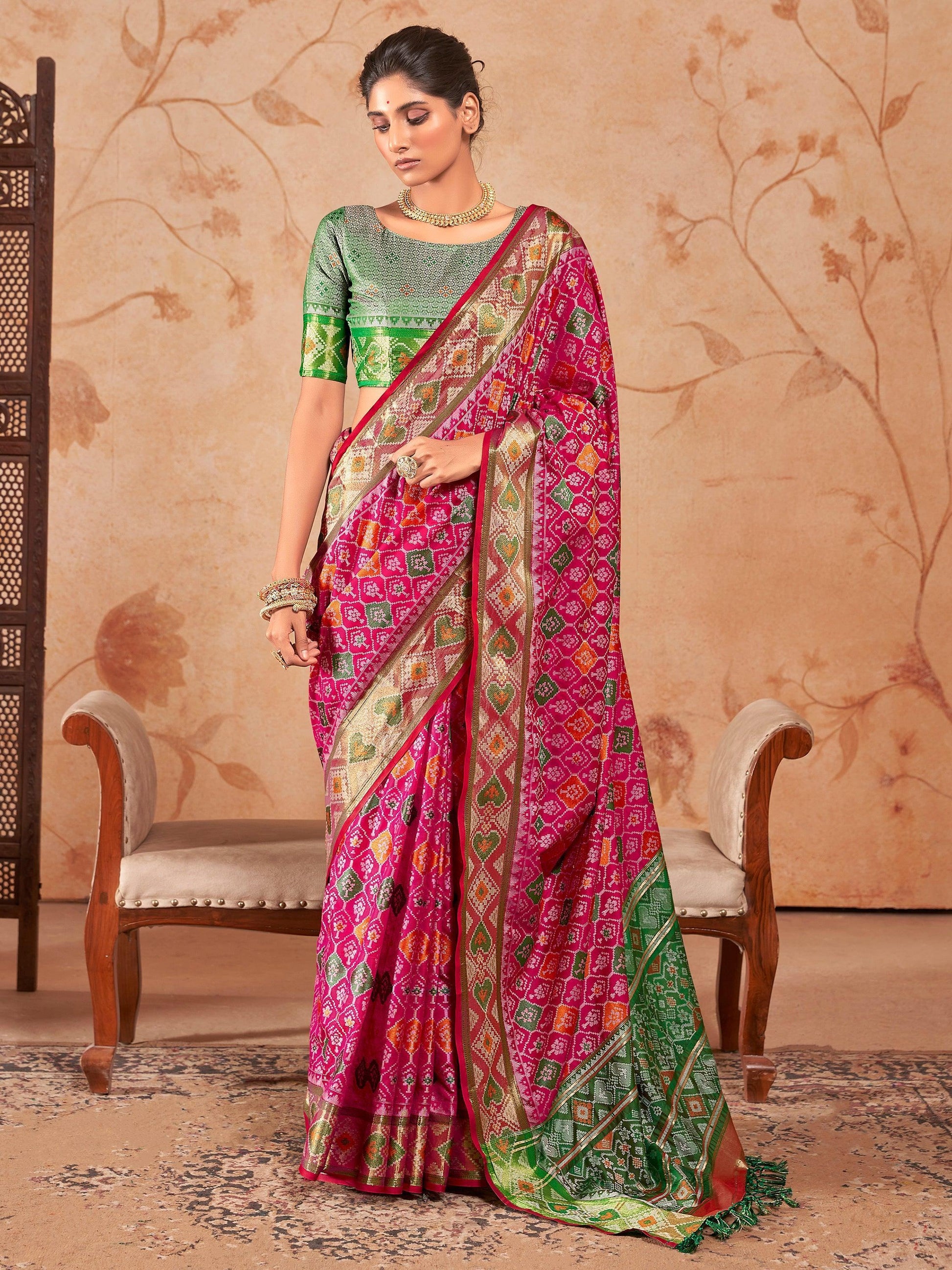 Bewitching Rani Pink Zari Weaving Patola Silk Saree With Blouse