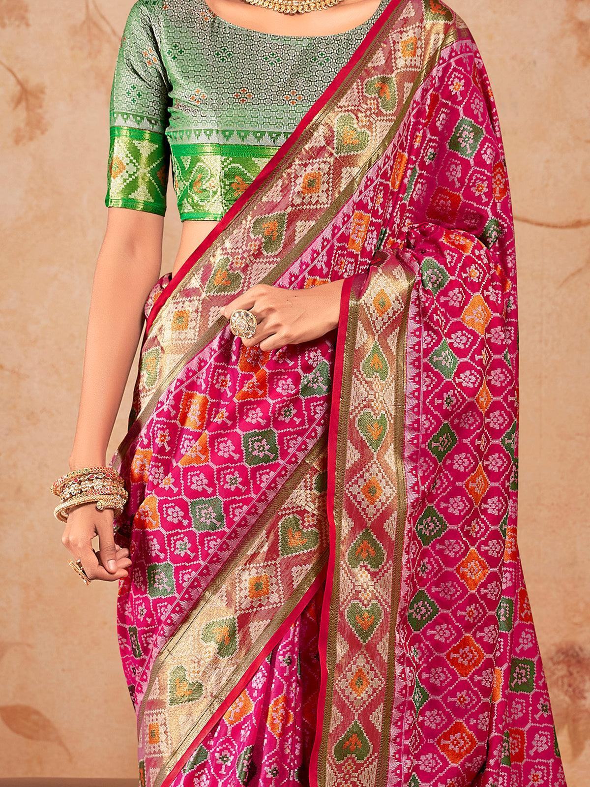 Bewitching Rani Pink Zari Weaving Patola Silk Saree With Blouse
