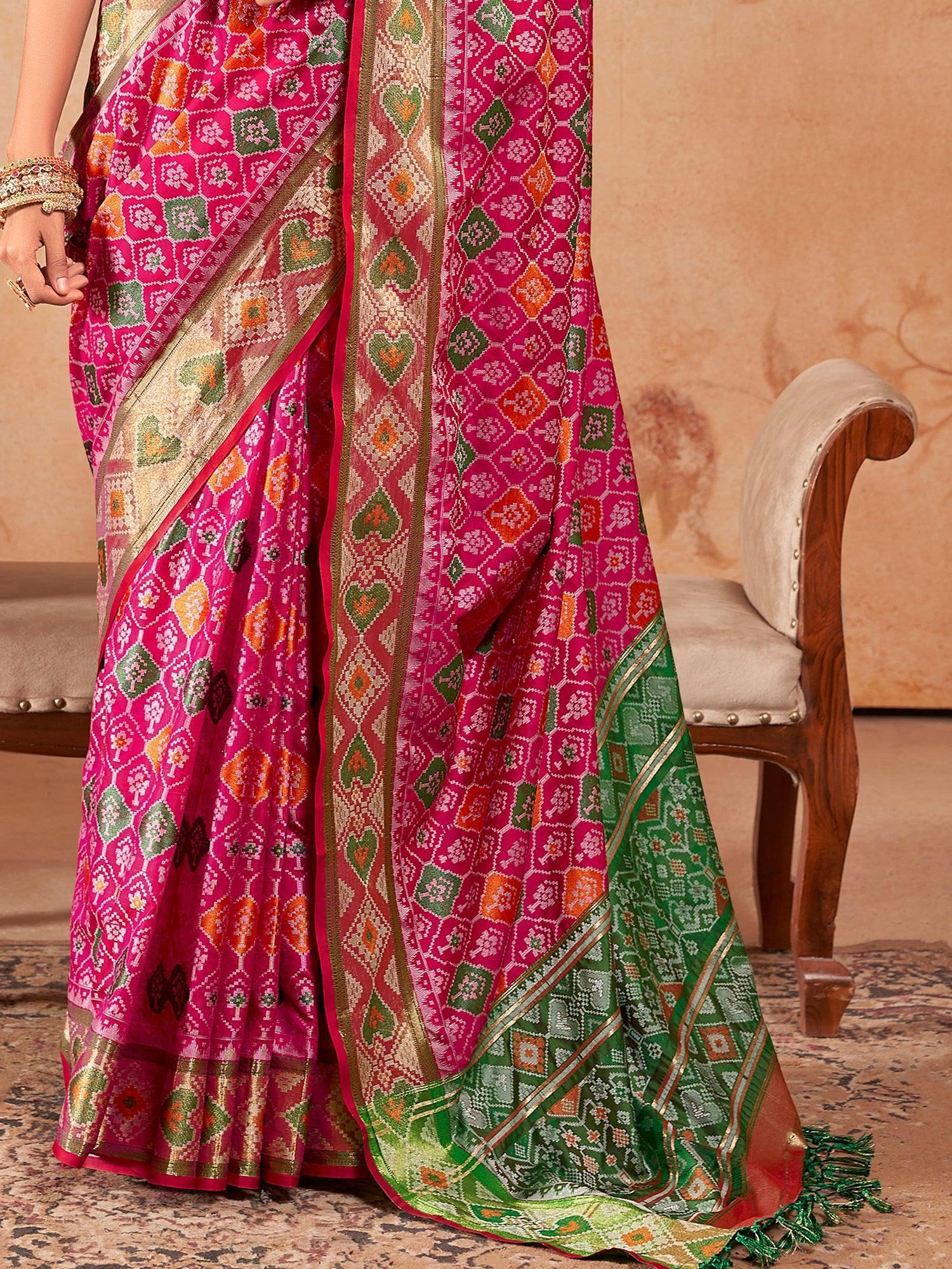 Bewitching Rani Pink Zari Weaving Patola Silk Saree With Blouse
