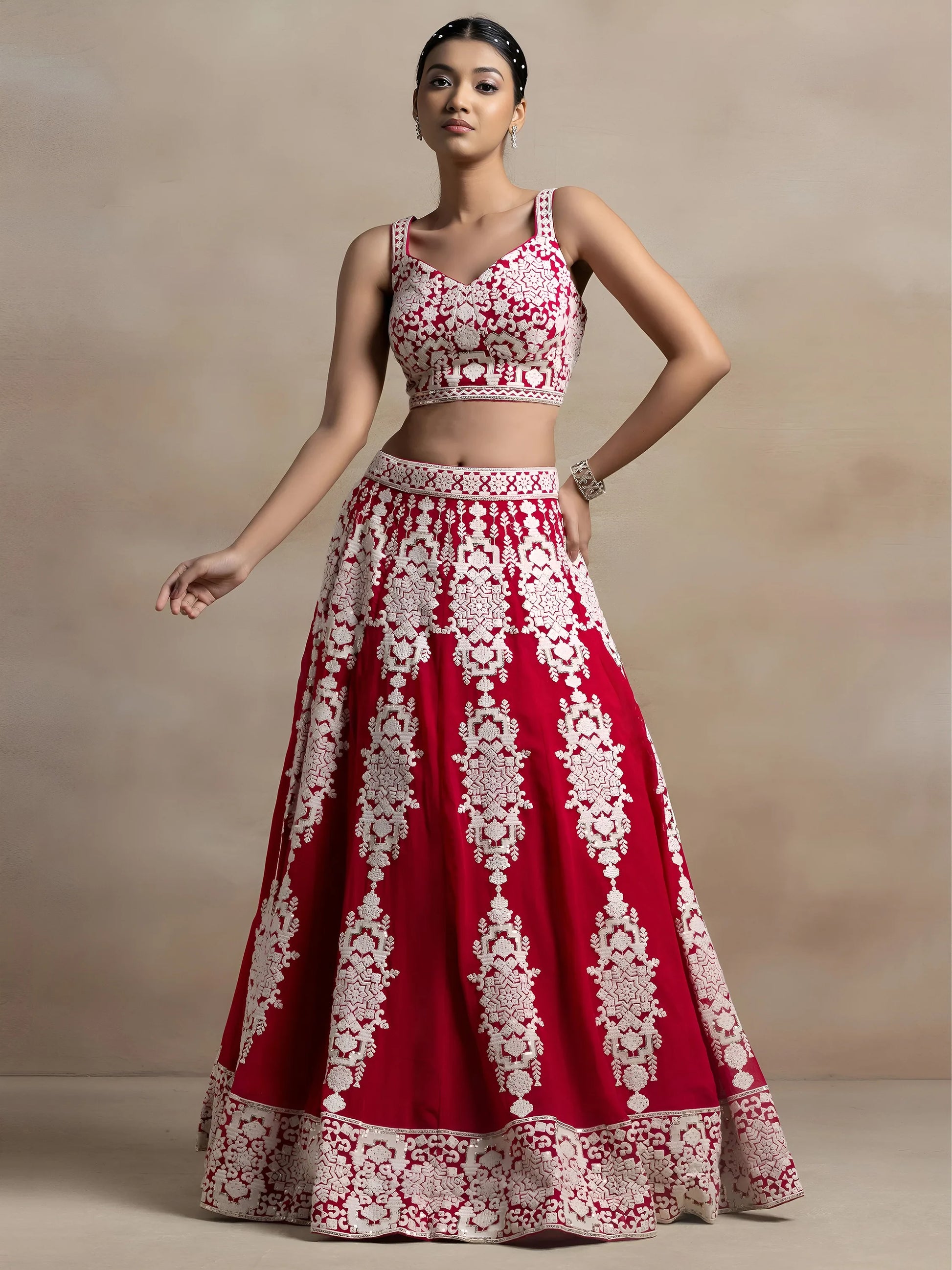 Bewitching Red Thread Work Georgette Wedding Wear Lehenga Choli