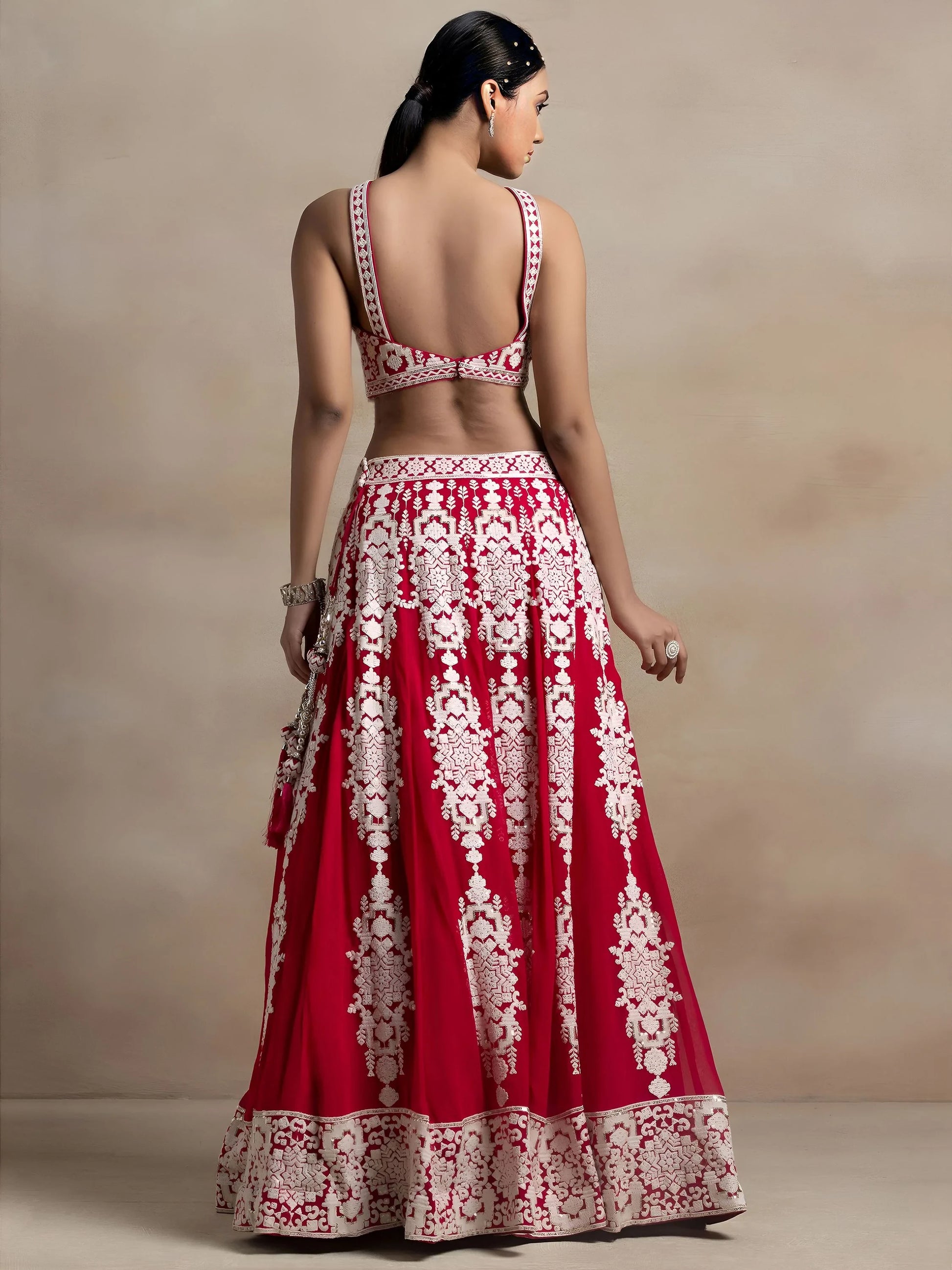 Bewitching Red Thread Work Georgette Wedding Wear Lehenga Choli