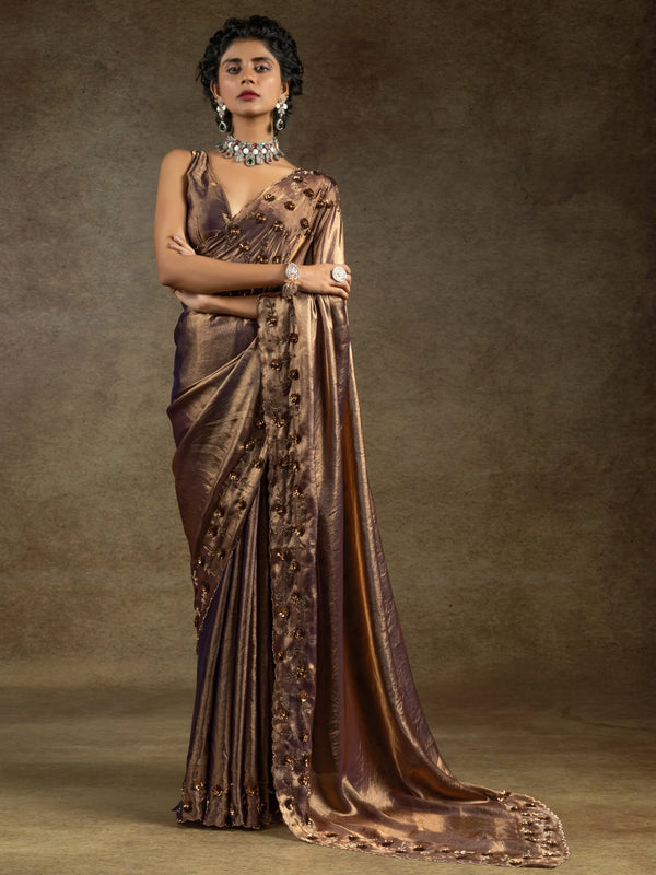 Bewitching Rose Gold Sequins Work Satin Wedding Wear Saree - Zeel Clothing