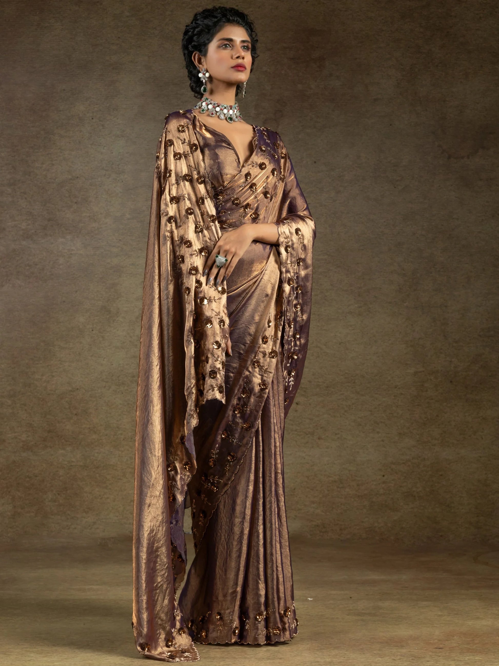 Bewitching Rose Gold Sequins Work Satin Wedding Wear Saree - Zeel Clothing