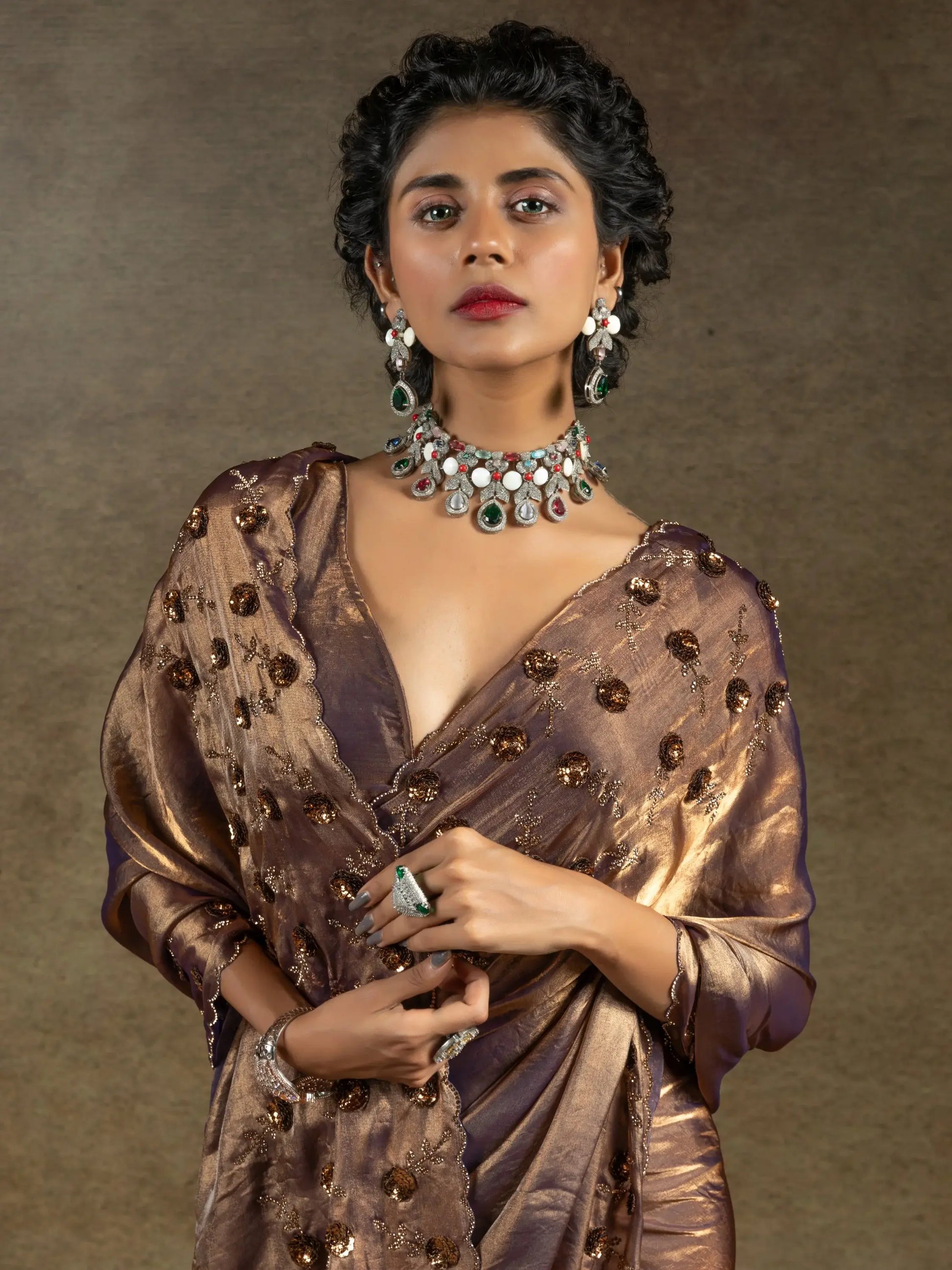 Bewitching Rose Gold Sequins Work Satin Wedding Wear Saree - Zeel Clothing