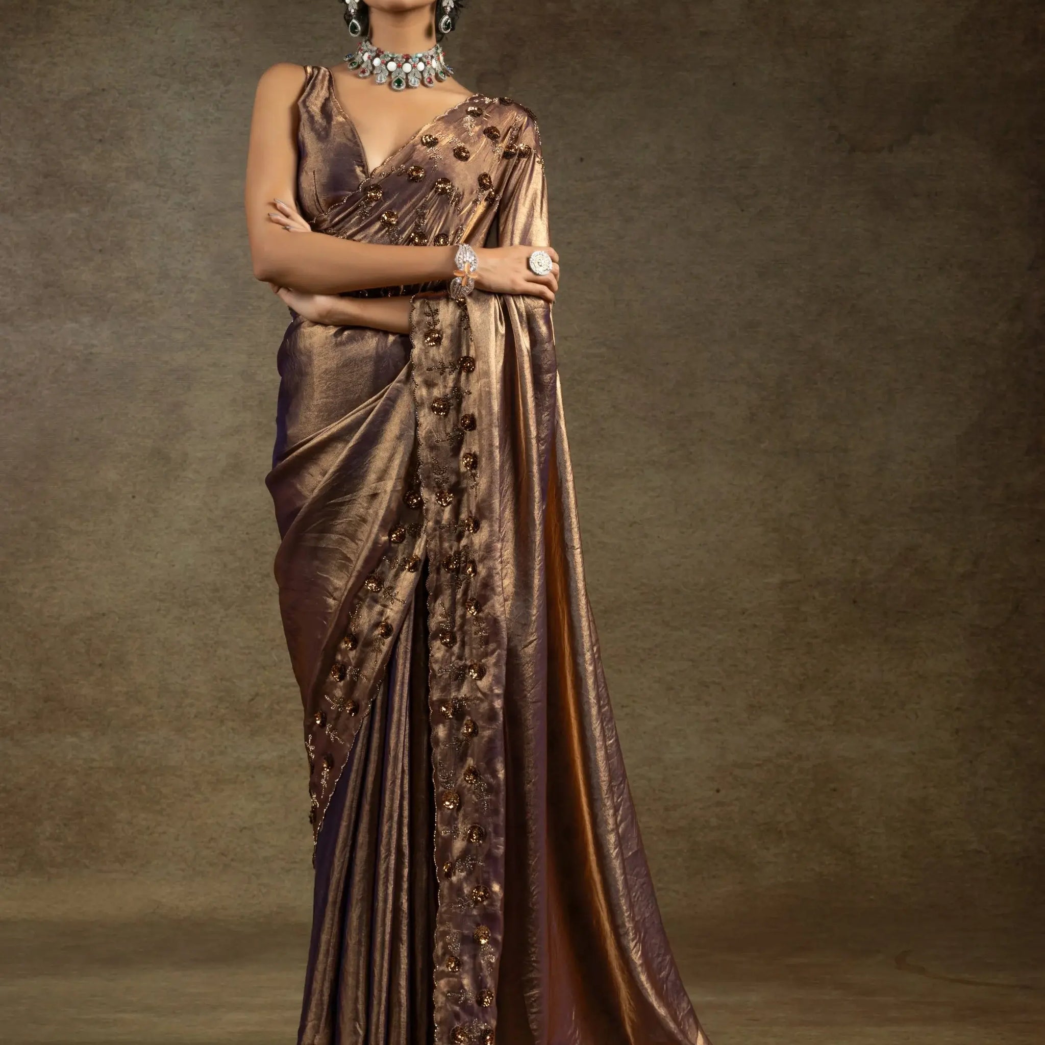 Bewitching Rose Gold Sequins Work Satin Wedding Wear Saree - Zeel Clothing