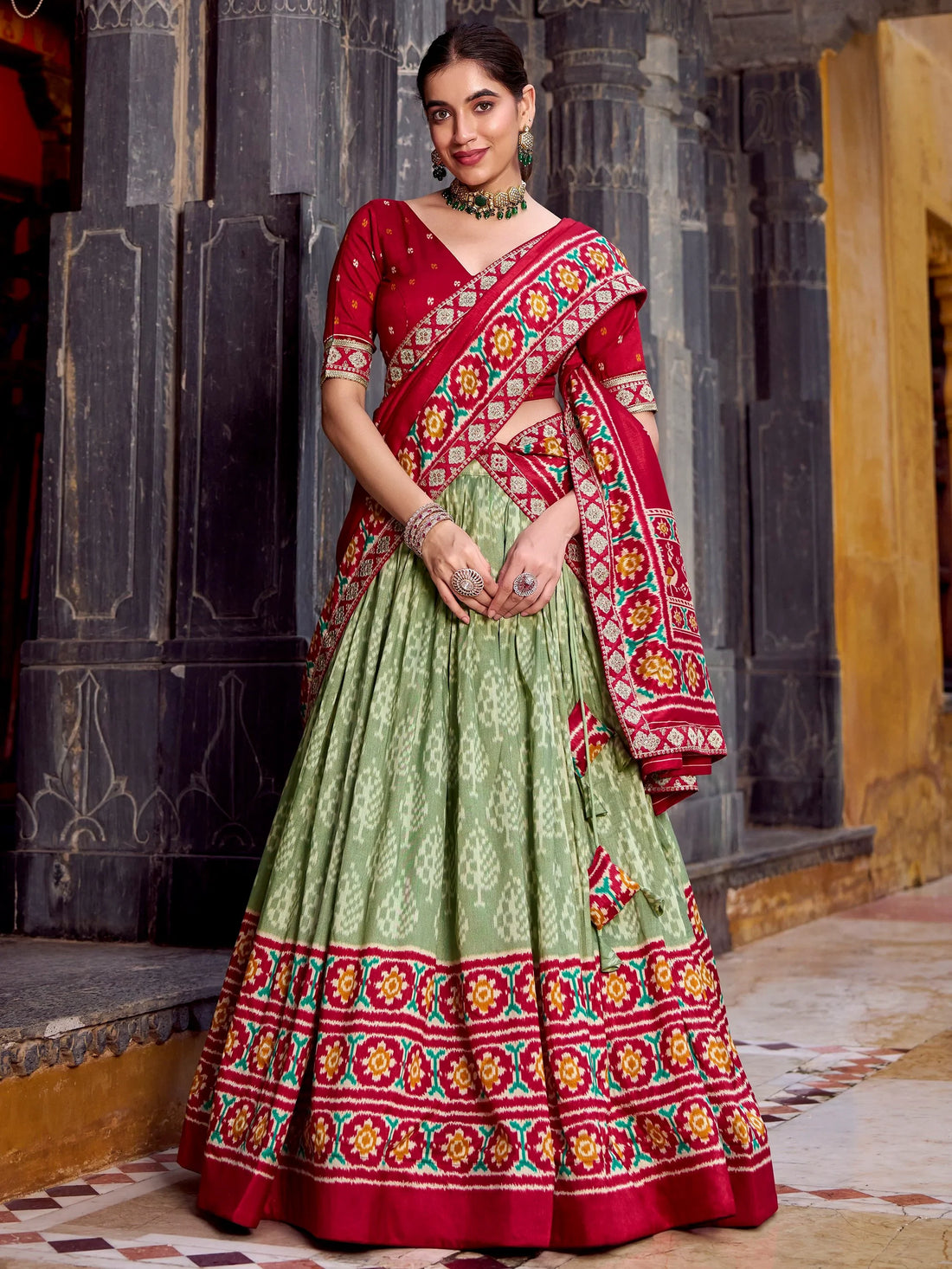 Bewitching Sea Green Ikkat Print Tussar Silk Wedding Wear Half Saree Lehenga - Zeel Clothing