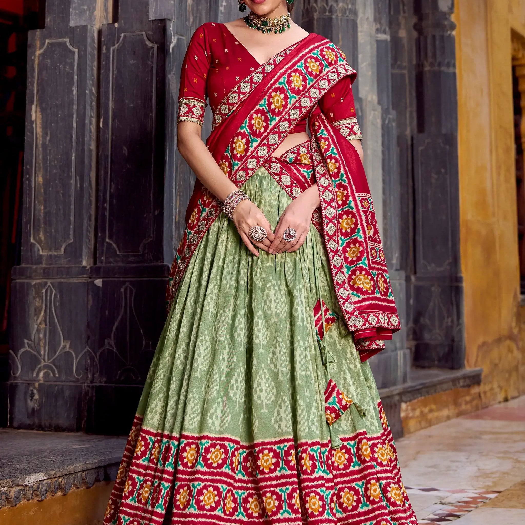 Bewitching Sea Green Ikkat Print Tussar Silk Wedding Wear Half Saree Lehenga - Zeel Clothing