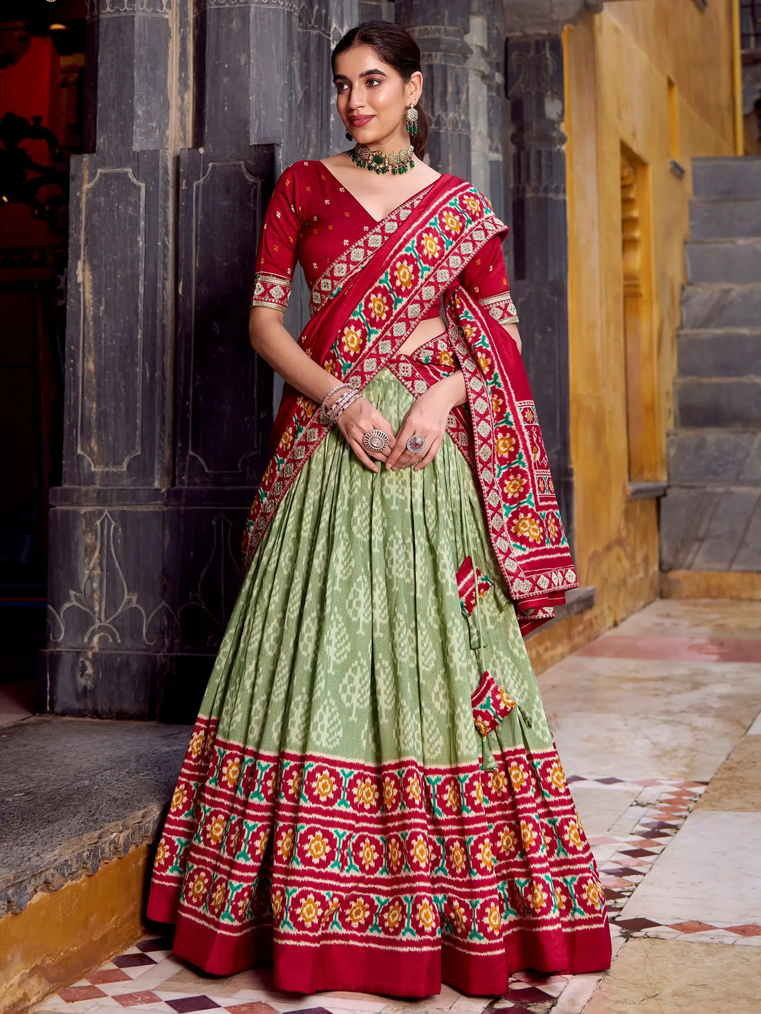 Bewitching Sea Green Ikkat Print Tussar Silk Wedding Wear Half Saree Lehenga - Zeel Clothing