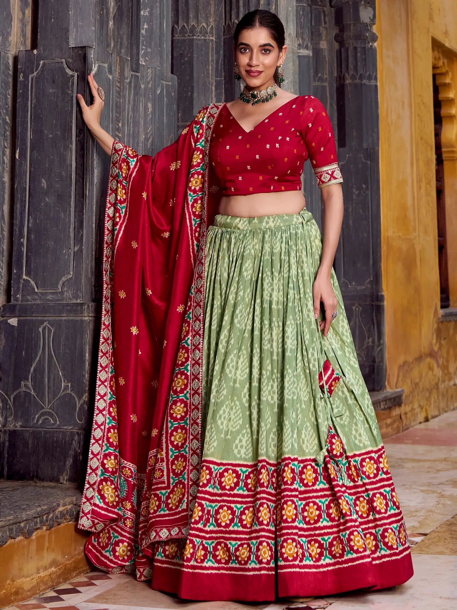 Bewitching Sea Green Ikkat Print Tussar Silk Wedding Wear Half Saree Lehenga - Zeel Clothing