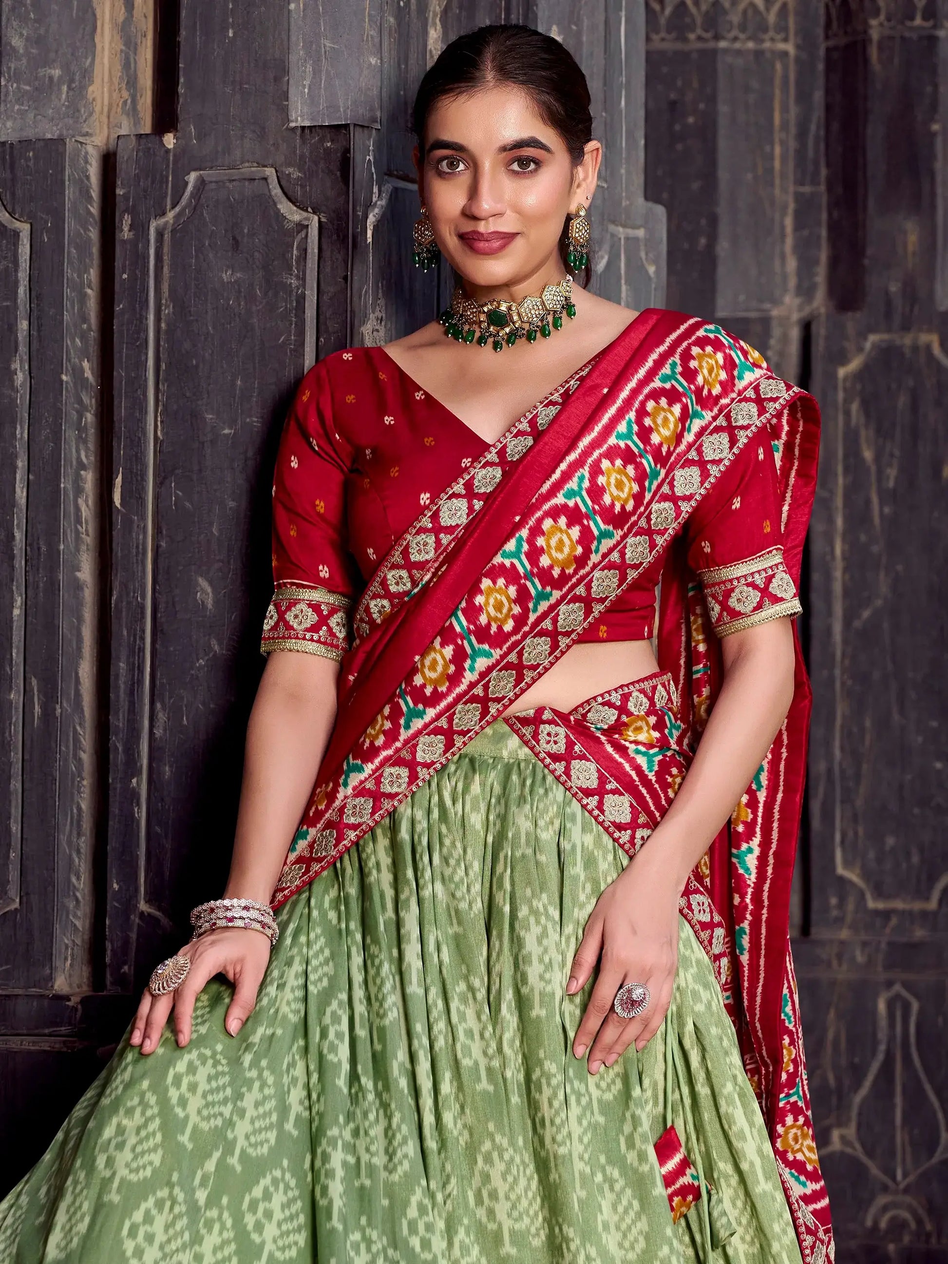 Bewitching Sea Green Ikkat Print Tussar Silk Wedding Wear Half Saree Lehenga - Zeel Clothing