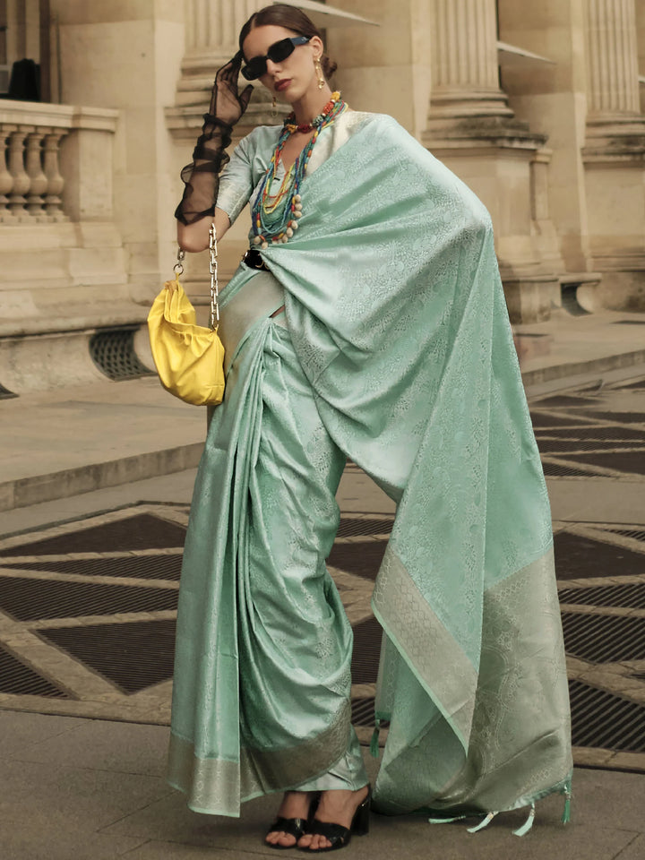 Bewitching Sea Green Zari Woven Satin Party Wear Saree With Blouse - Zeel Clothing