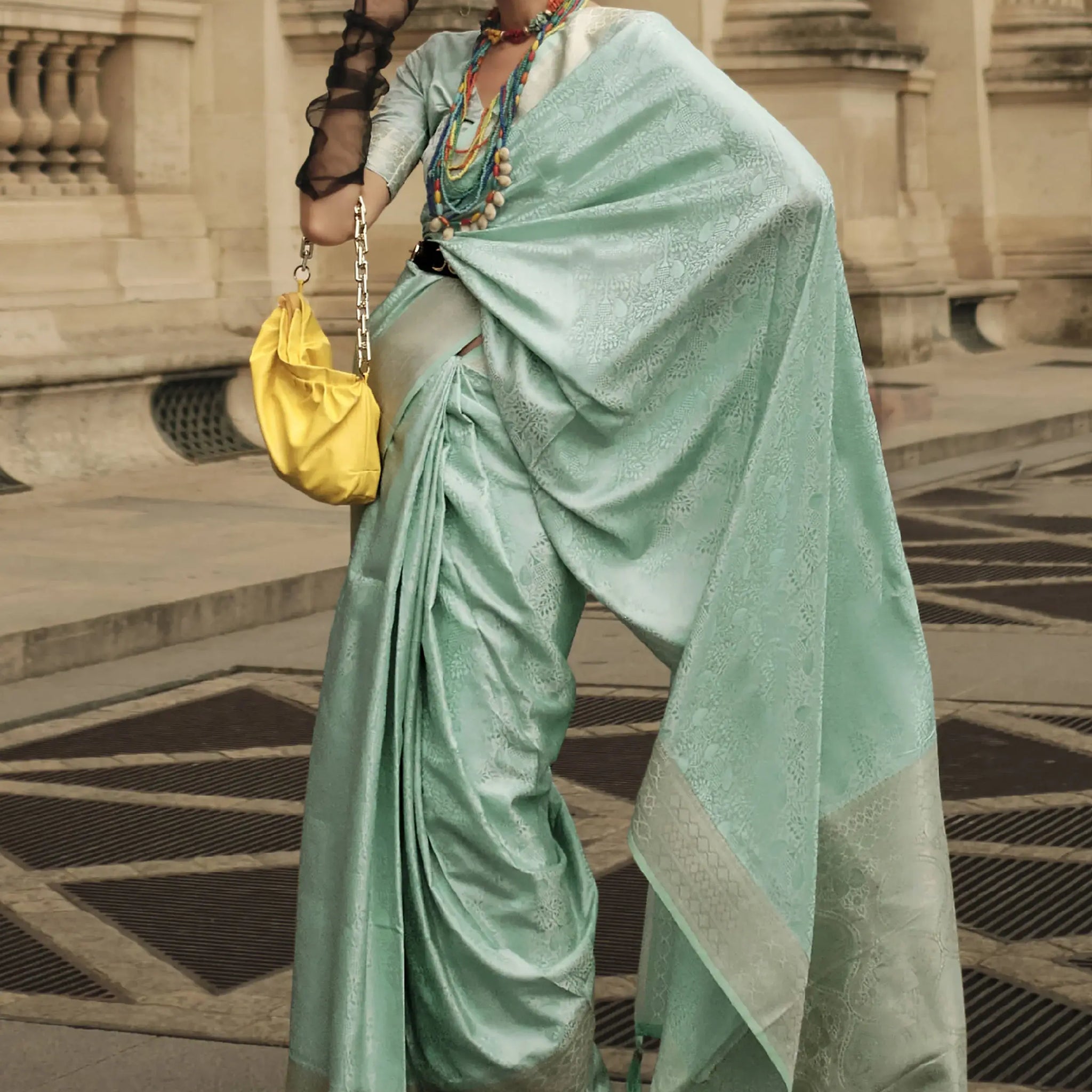Bewitching Sea Green Zari Woven Satin Party Wear Saree With Blouse - Zeel Clothing