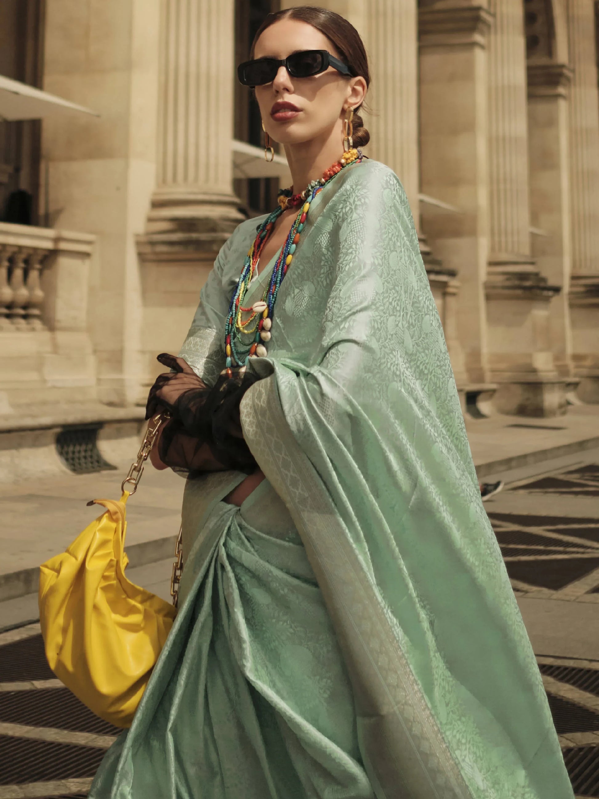 Bewitching Sea Green Zari Woven Satin Party Wear Saree With Blouse - Zeel Clothing