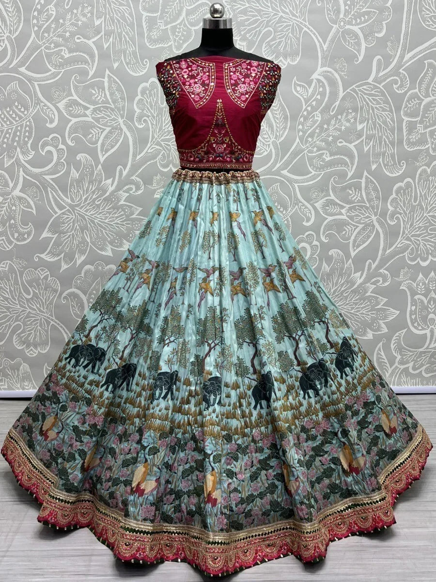 Bewitching Sky-Blue Digital Printed Silk Engagement Wear Lehenga Choli