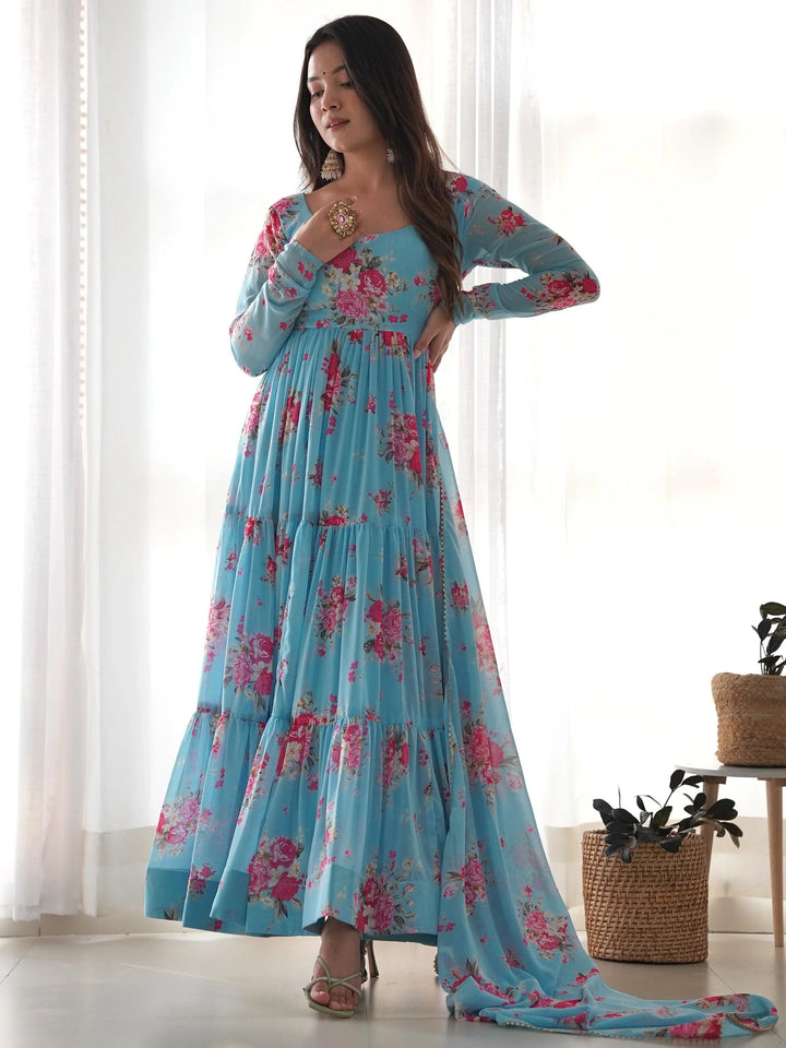Bewitching Sky-Blue Floral Printed Georgette Event Wear Anarkali Suit