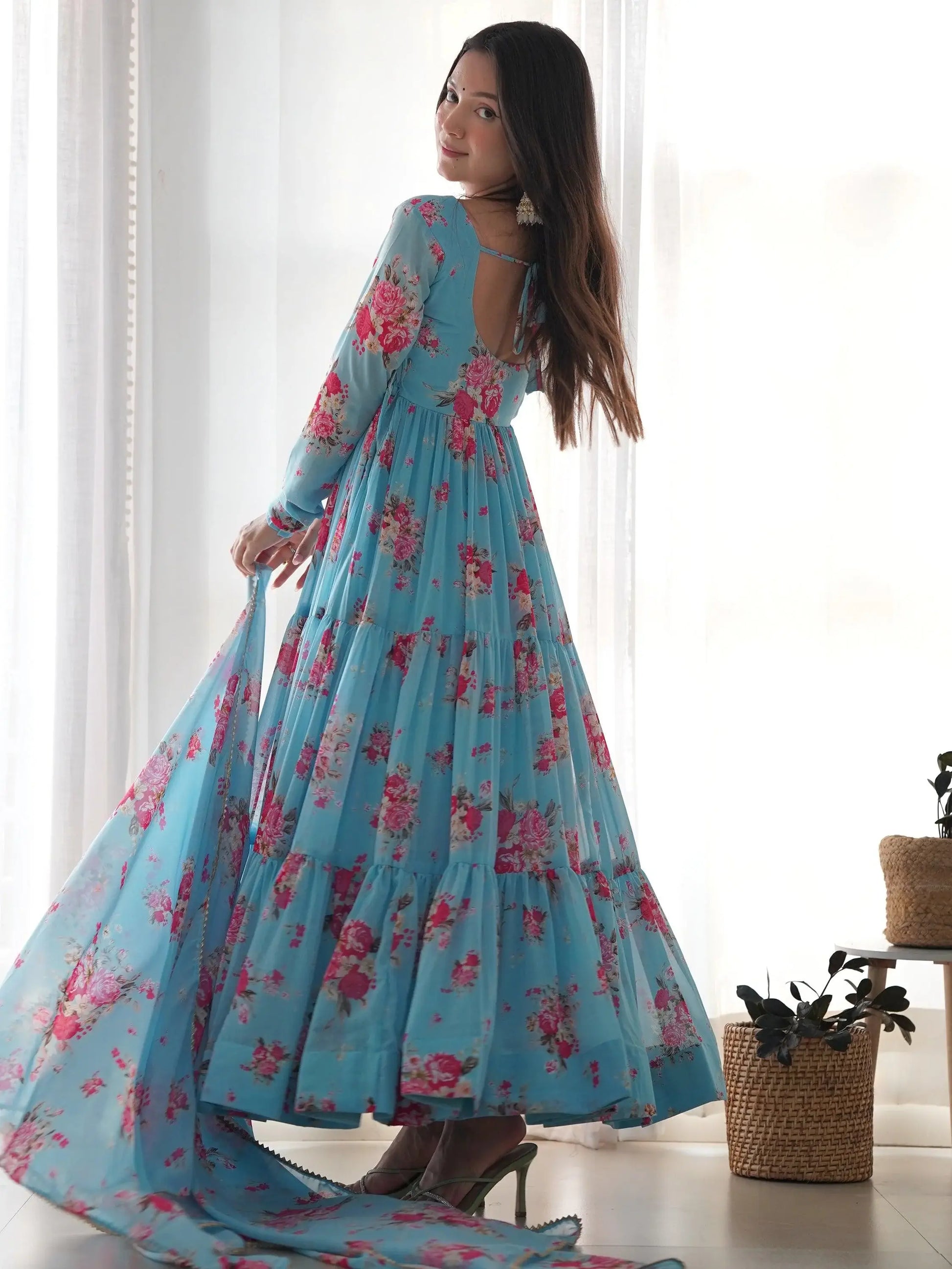 Bewitching Sky-Blue Floral Printed Georgette Event Wear Anarkali Suit - Zeel Clothing