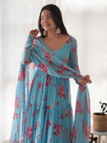 Bewitching Sky-Blue Floral Printed Georgette Event Wear Anarkali Suit - Zeel Clothing