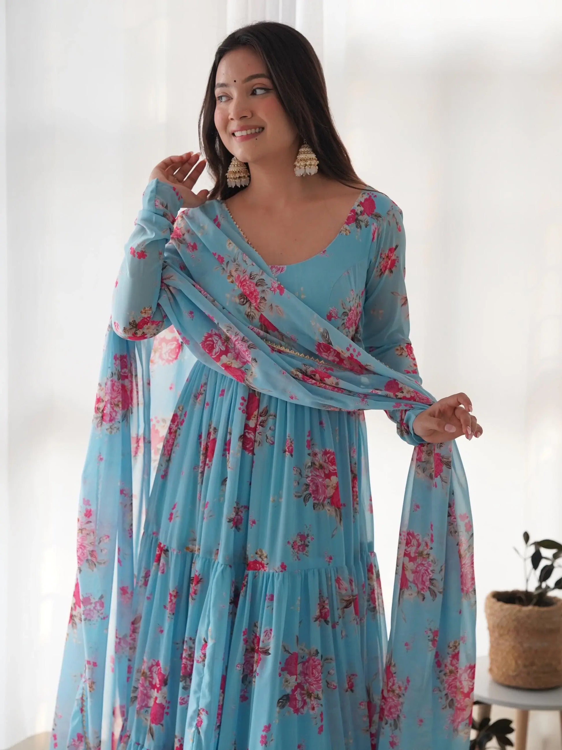 Bewitching Sky-Blue Floral Printed Georgette Event Wear Anarkali Suit - Zeel Clothing