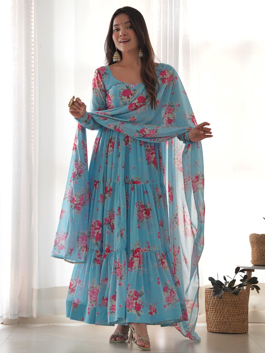 Bewitching Sky-Blue Floral Printed Georgette Event Wear Anarkali Suit