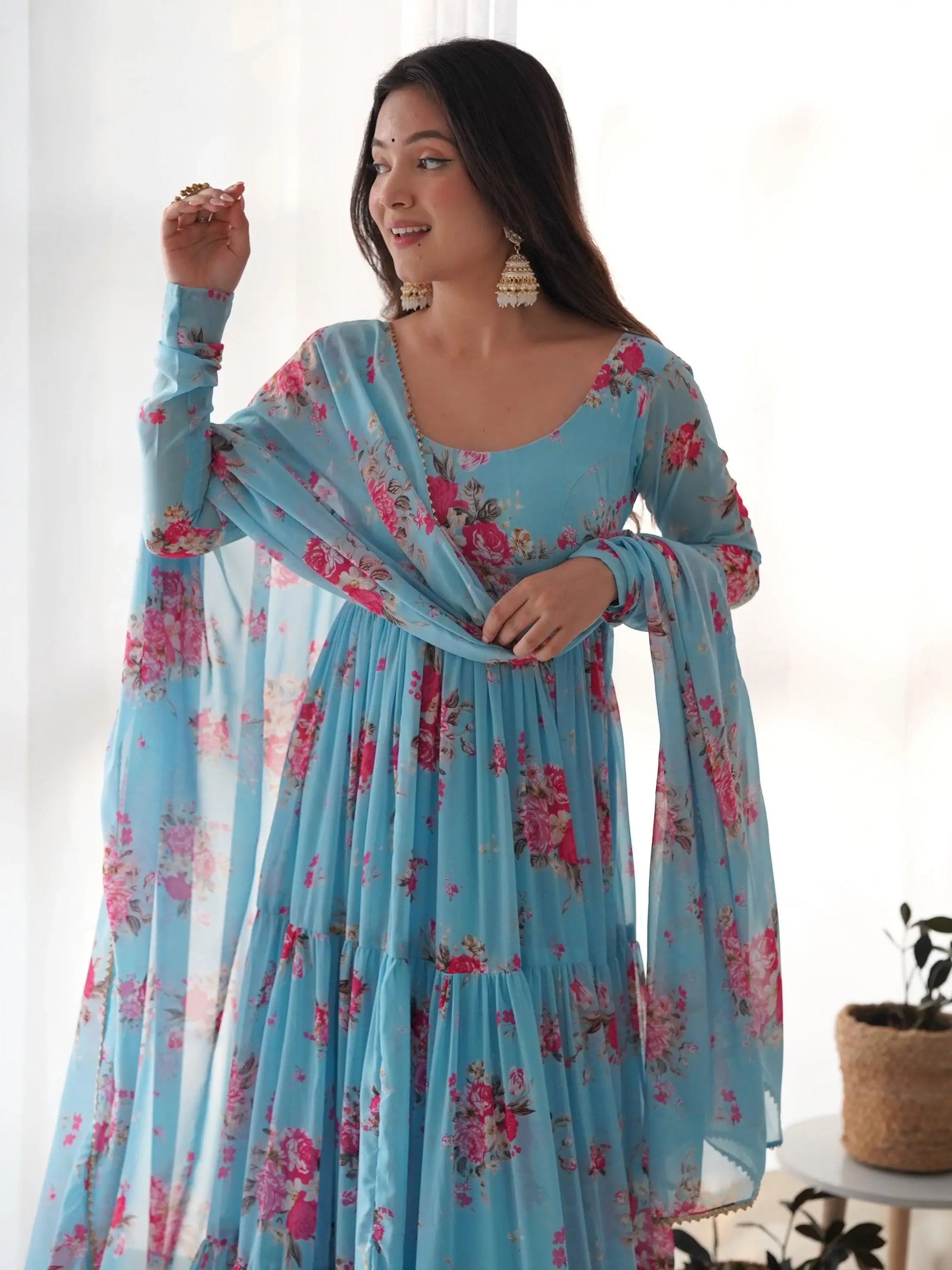 Bewitching Sky-Blue Floral Printed Georgette Event Wear Anarkali Suit - Zeel Clothing