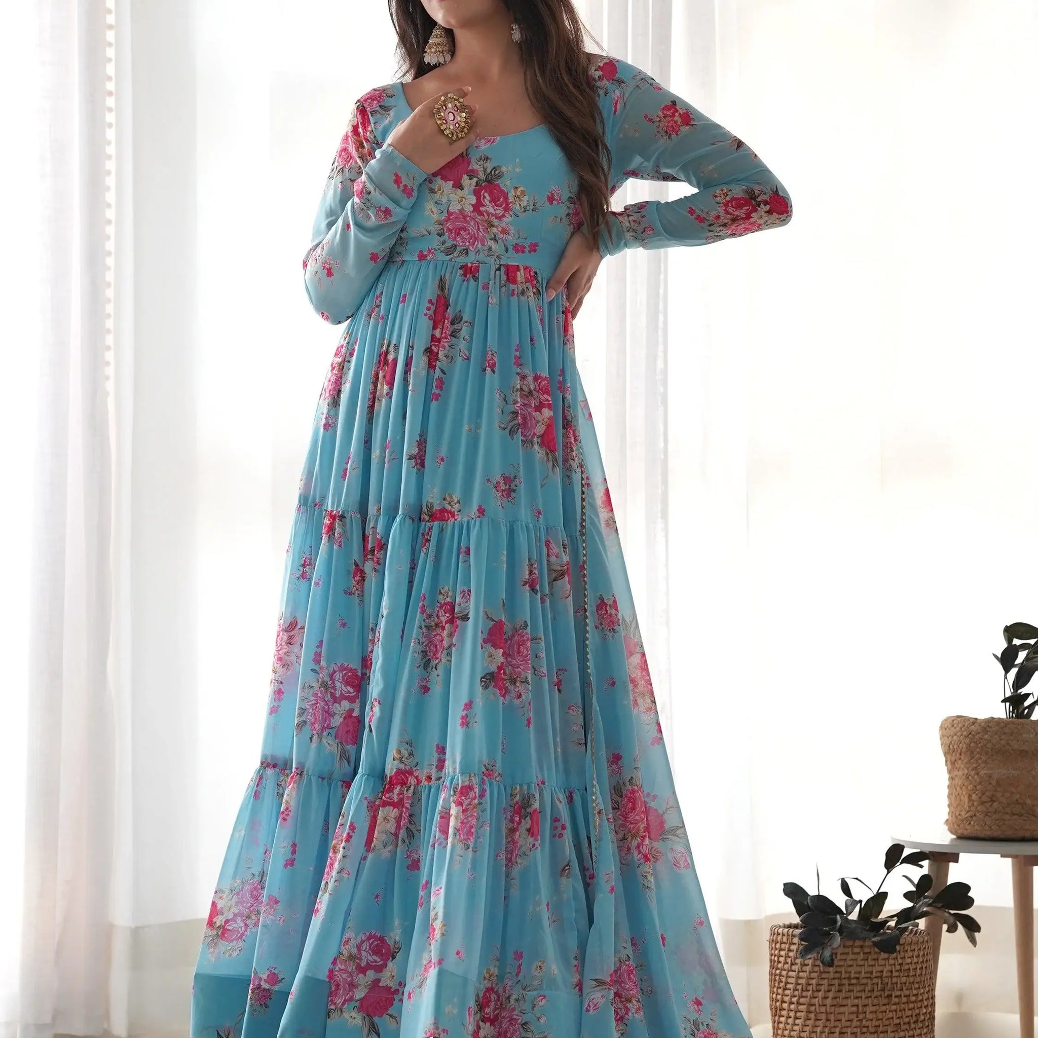 Bewitching Sky-Blue Floral Printed Georgette Event Wear Anarkali Suit - Zeel Clothing