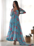 Bewitching Sky-Blue Floral Printed Georgette Event Wear Anarkali Suit - Zeel Clothing