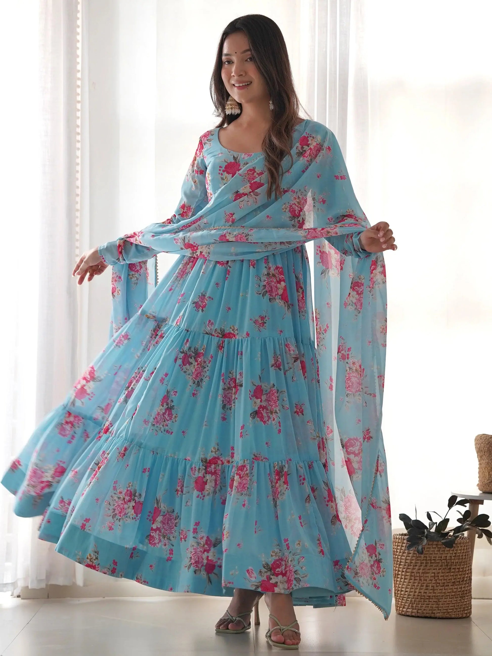 Bewitching Sky-Blue Floral Printed Georgette Event Wear Anarkali Suit - Zeel Clothing