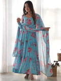 Bewitching Sky-Blue Floral Printed Georgette Event Wear Anarkali Suit - Zeel Clothing