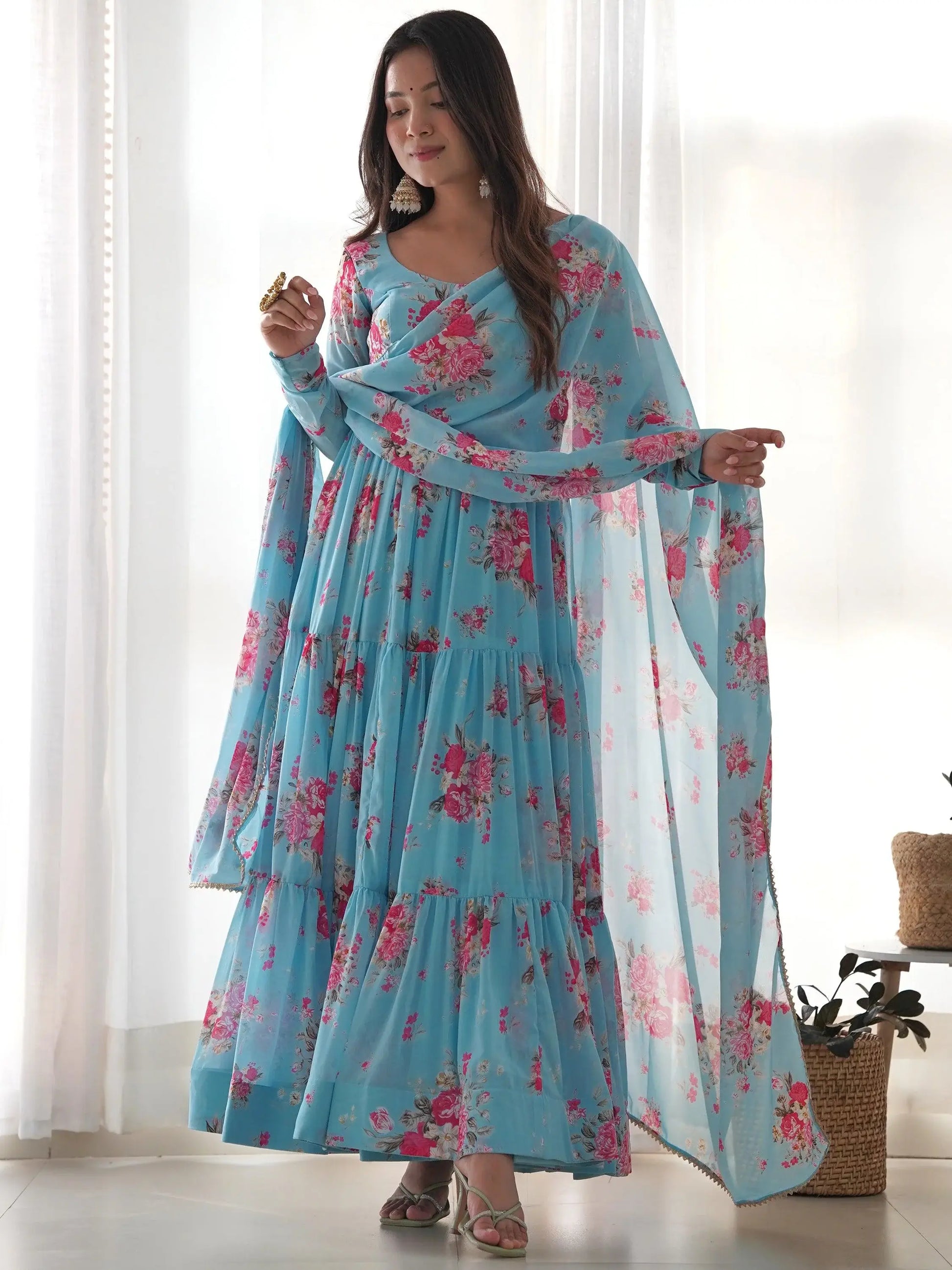Bewitching Sky-Blue Floral Printed Georgette Event Wear Anarkali Suit - Zeel Clothing