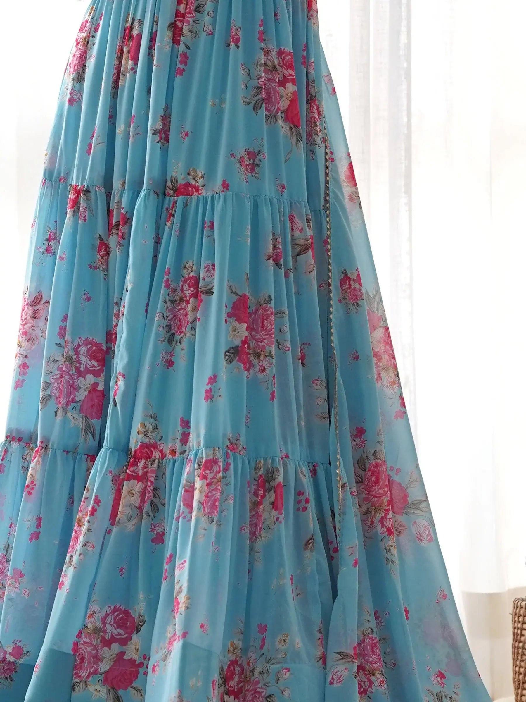 Bewitching Sky-Blue Floral Printed Georgette Event Wear Anarkali Suit - Zeel Clothing