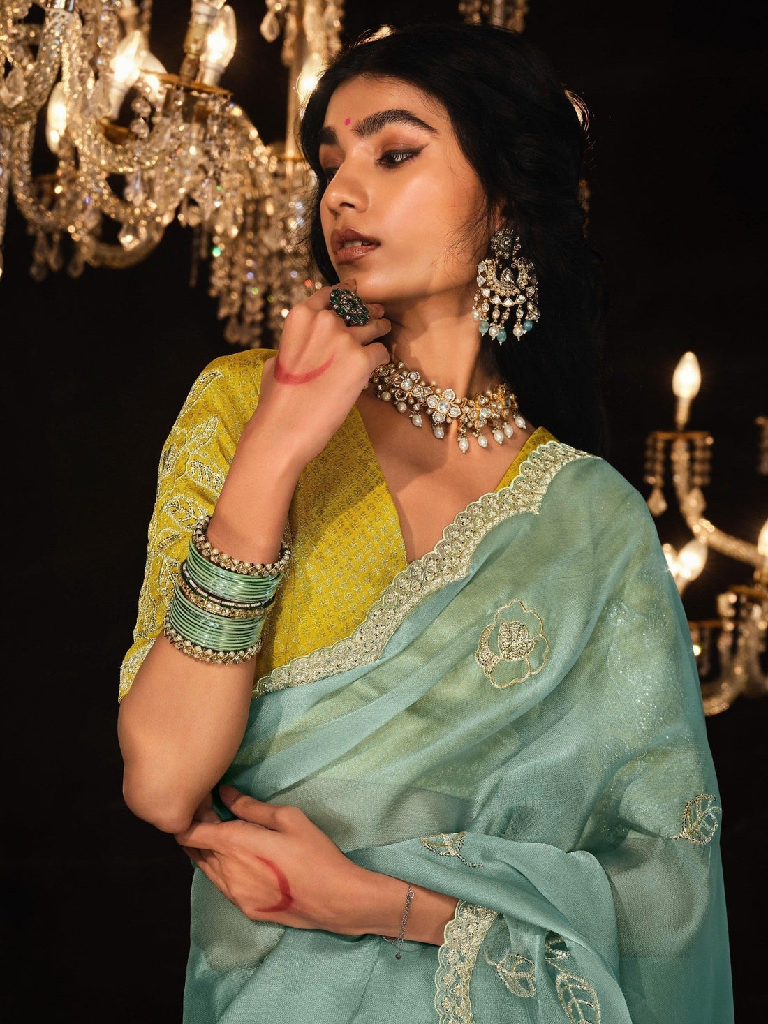 Bewitching Sky Blue Sequins Silk Festival Wear Saree With Blouse