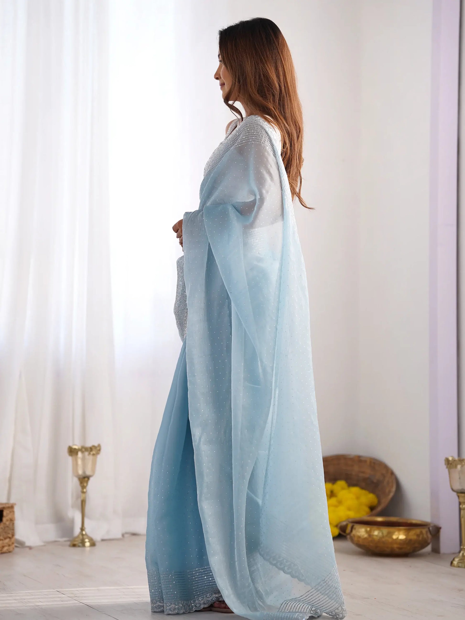 Bewitching Sky-Blue Swarovski Work Organza Party Wear Saree - Zeel Clothing